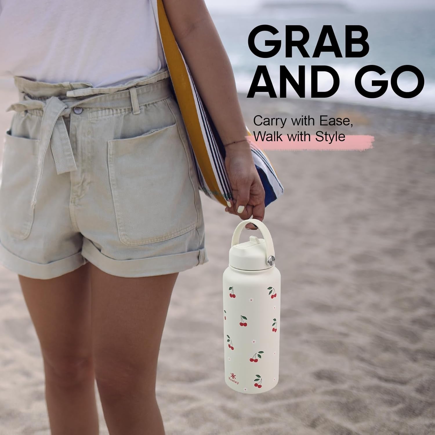 32 Oz Stainless Steel Insulated Water Bottle with Flip Straw and Handle - Leak Proof, Reusable, Wide Mouth Design for Travel, Gym, and School (Cream Cherry)