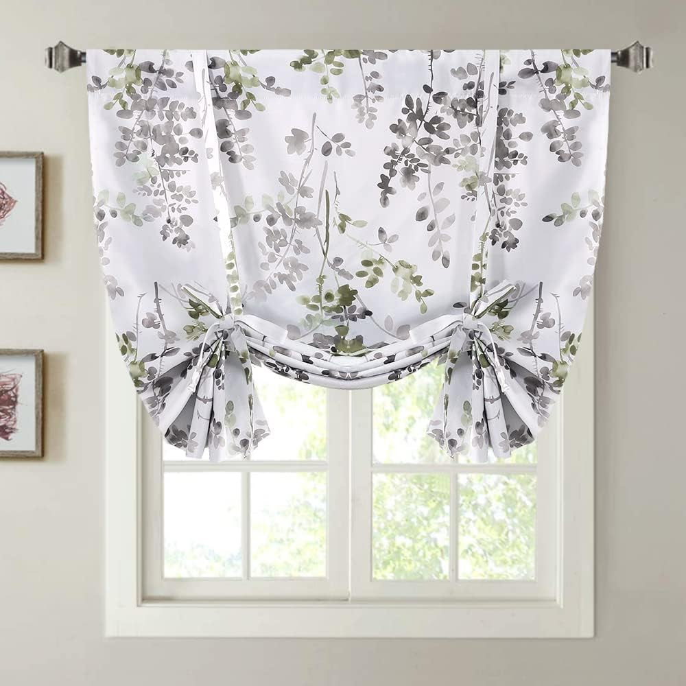 Blackout Tie up Curtain - Thermal Insulated Balloon for Small Window, Adjustable Kitchen Rod Pocket Panel (42" W X 45" L, Floral Pattern in Grey and Sage)