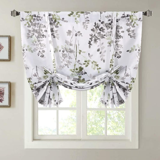 Blackout Tie up Curtain - Thermal Insulated Balloon for Small Window, Adjustable Kitchen Rod Pocket Panel (42" W X 45" L, Floral Pattern in Grey and Sage)