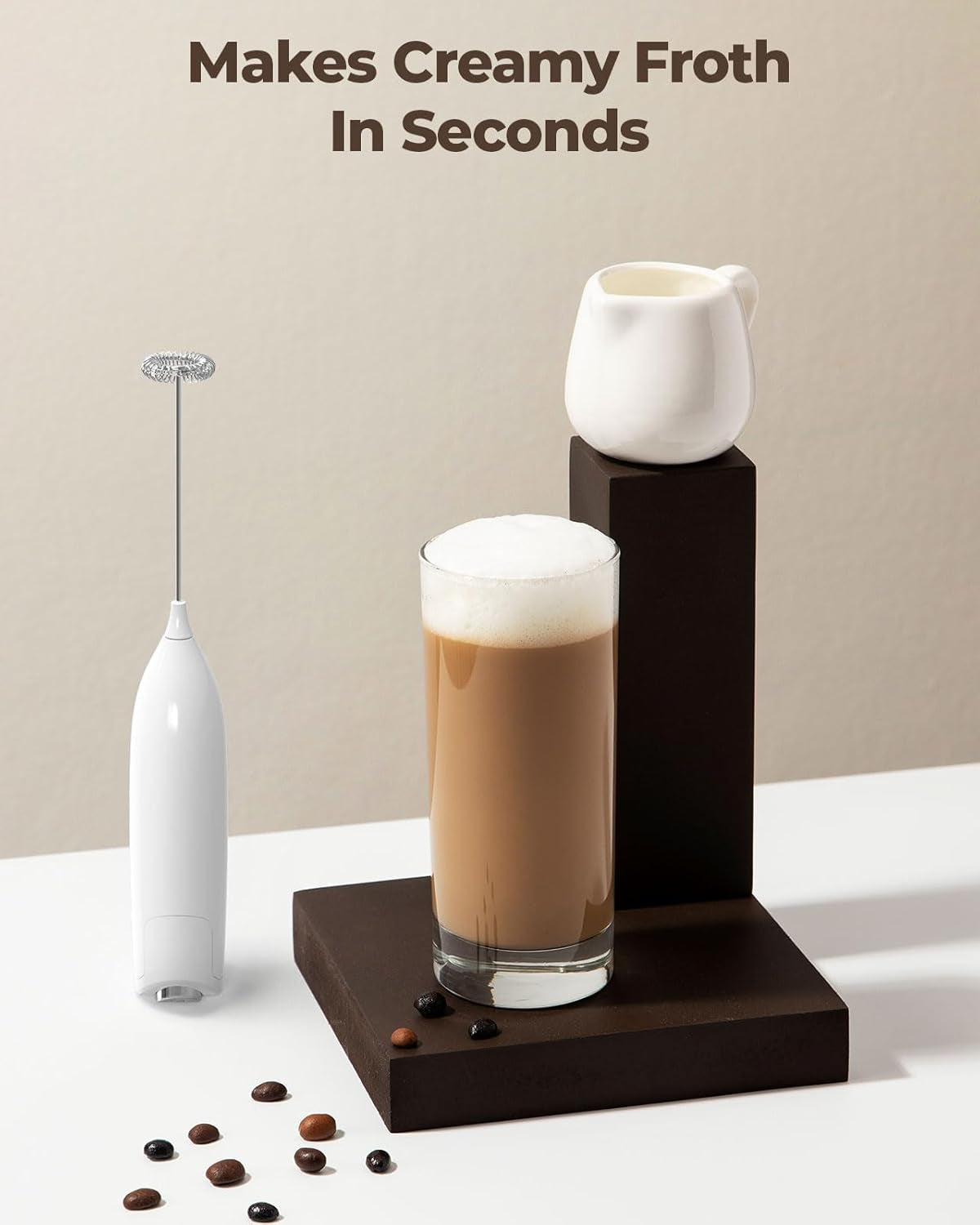 Milk Frother Handheld Battery Operated Electric Foam Maker, White Drink Mixer with Stainless Steel Whisk for Cappuccino, Bulletproof Coffee, Latte