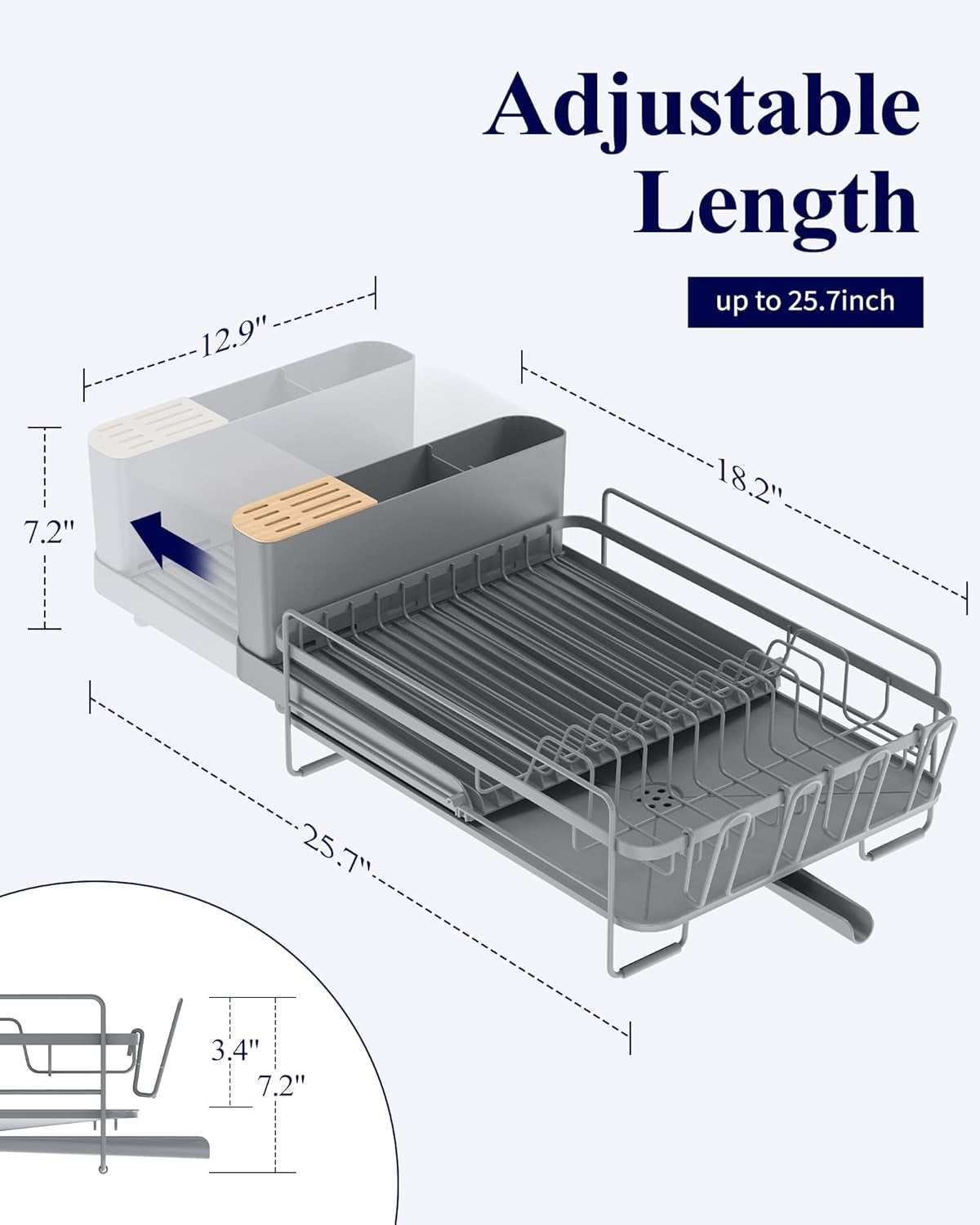 Extendable Dish Drying Rack, Large Drying Dish Rack with Cutlery & Cup Holders, Multifunctional Dish Racks for Counter with Drainage, 18.2"-25.7" L X 12.9" W, Grey