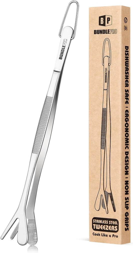 Fine Long Tweezer Tongs Professional Black, 8-Inch Stainless Steel for Kitchen, Food, Cooking, Repairing, Sea Food and BBQ (SILVER)