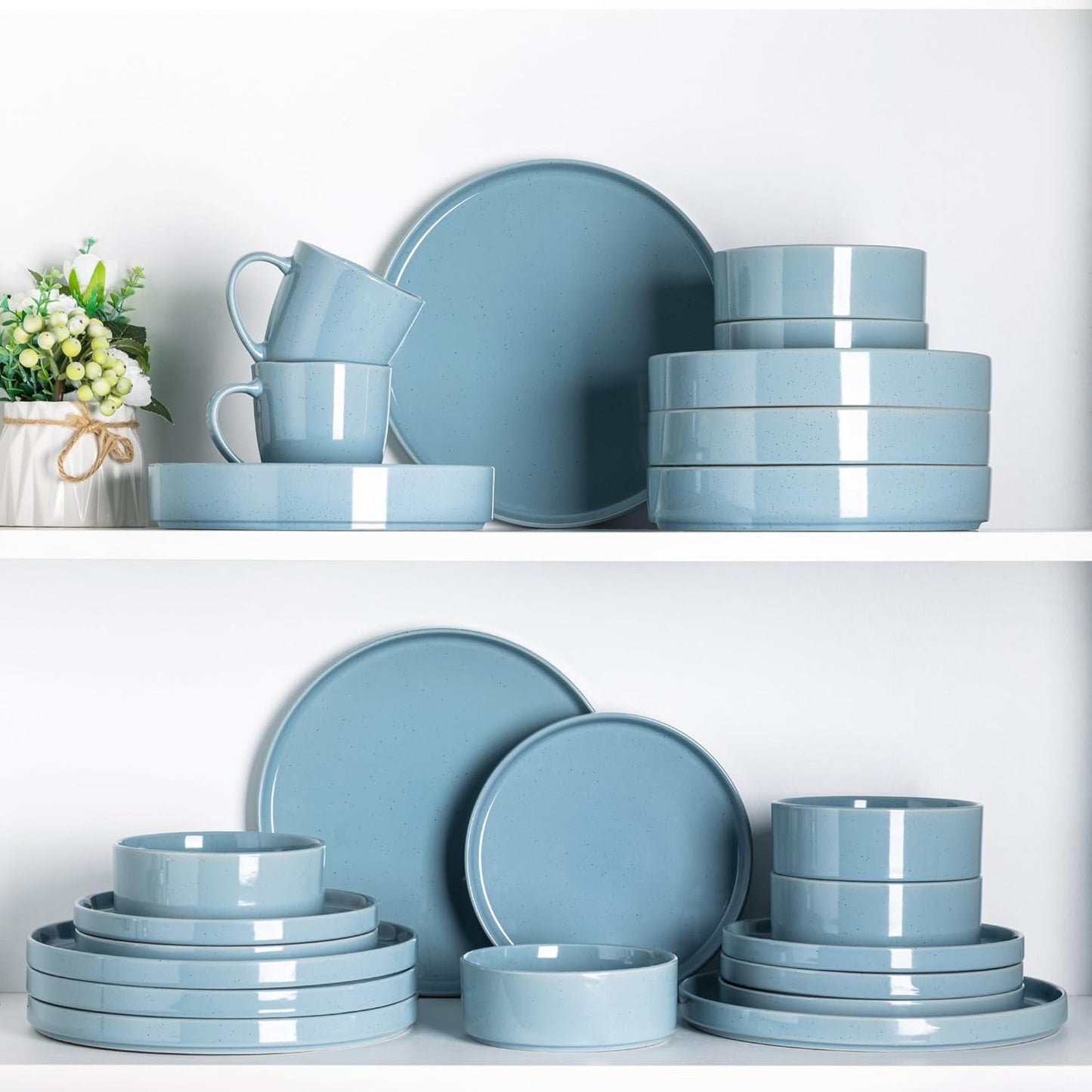 12-Piece Stoneware Dinnerware Set for 4 - Speckled Plates and Bowls with Glazed Bottom, Chip and Scratch Resistant, Dishwasher and Microwave Safe (Stone Blue)