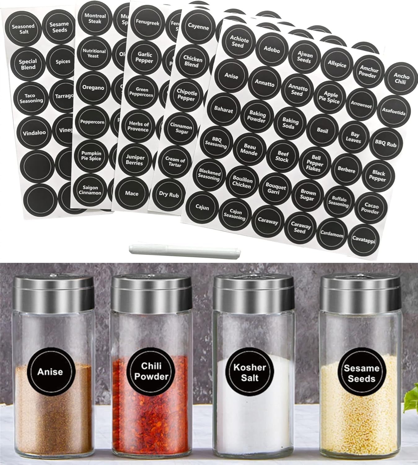 180 Spice Labels for Food Containers, Chalkboard Labels for Jars, Spice Label Stickers Herb Seasoning Kitchen Pantry Labels, Small Chalk Sticker Spice Jar Label round 168 Printed, 1 Erasable Chalk