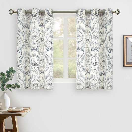 Linen Curtains 40 Inch Length for Small Windows, Light Filtering Semi Sheer Linen Curtains Grommet Vintage Damask Flower Pattern Drapes for Kitchen/Cafe, 2 Panels, 34 X 40 Inch, Greyish Blue