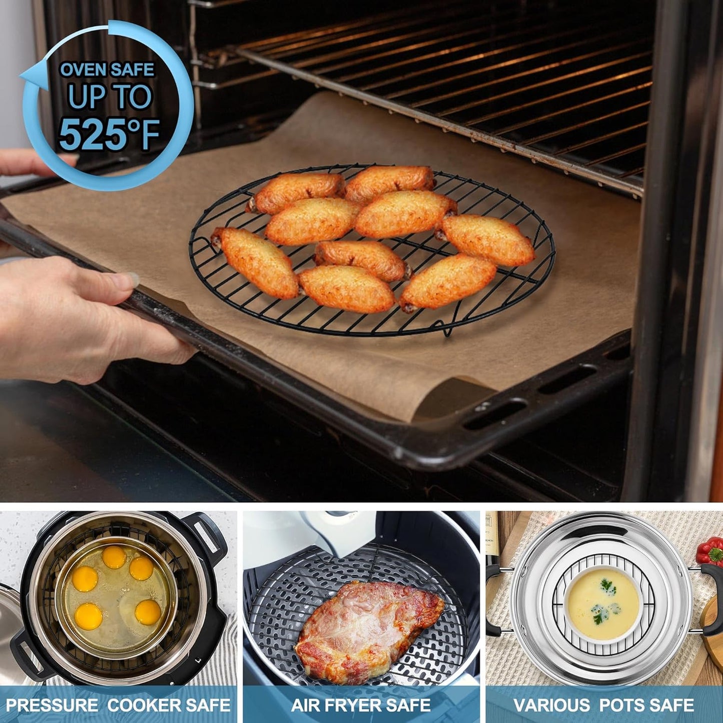 round Cooling Rack Set, round Wire Racks for Cooking Baking, Fit Air Fryer & Oven, Stainless Steel Core with Nonstick Coatings, Black, 3 PCS - 7.5 & 9 & 10.5 Inch