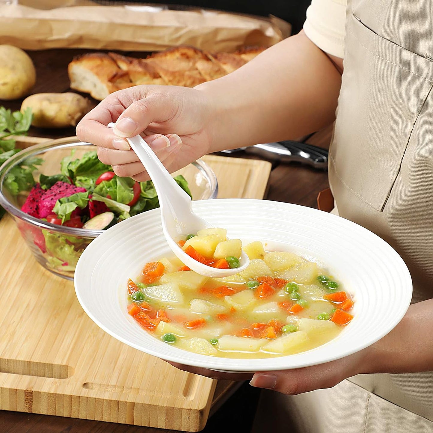 12-Piece Asian Soup Spoons, Rice Spoons, Chinese Won Ton Soup Spoon - Notch and Hook Style, White