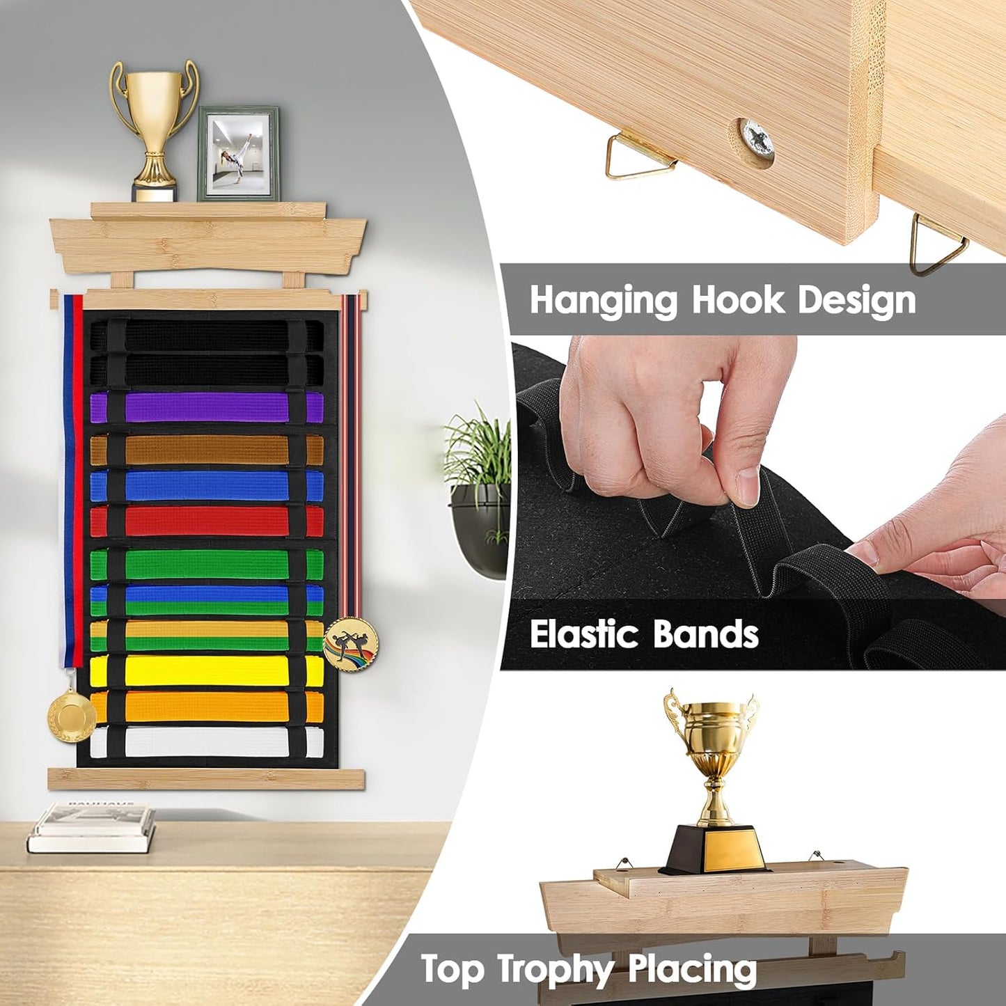 12-Belt Martial Arts Display Rack with Personalized Stickers, Bamboo Trophy Holder for Taekwondo, Karate, and BJJ Belts