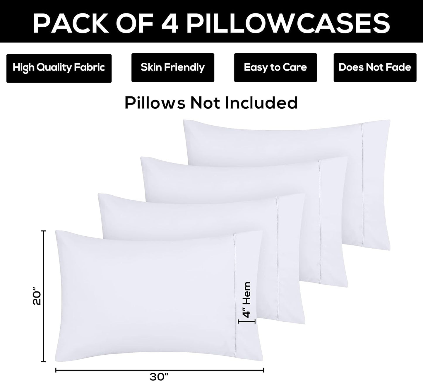 Queen Pillow Cases - 4 Pack - Envelope Closure - Soft Brushed Microfiber Fabric - Shrinkage and Fade Resistant Pillow Covers Queen Size 20 X 30 Inches (Queen, White)