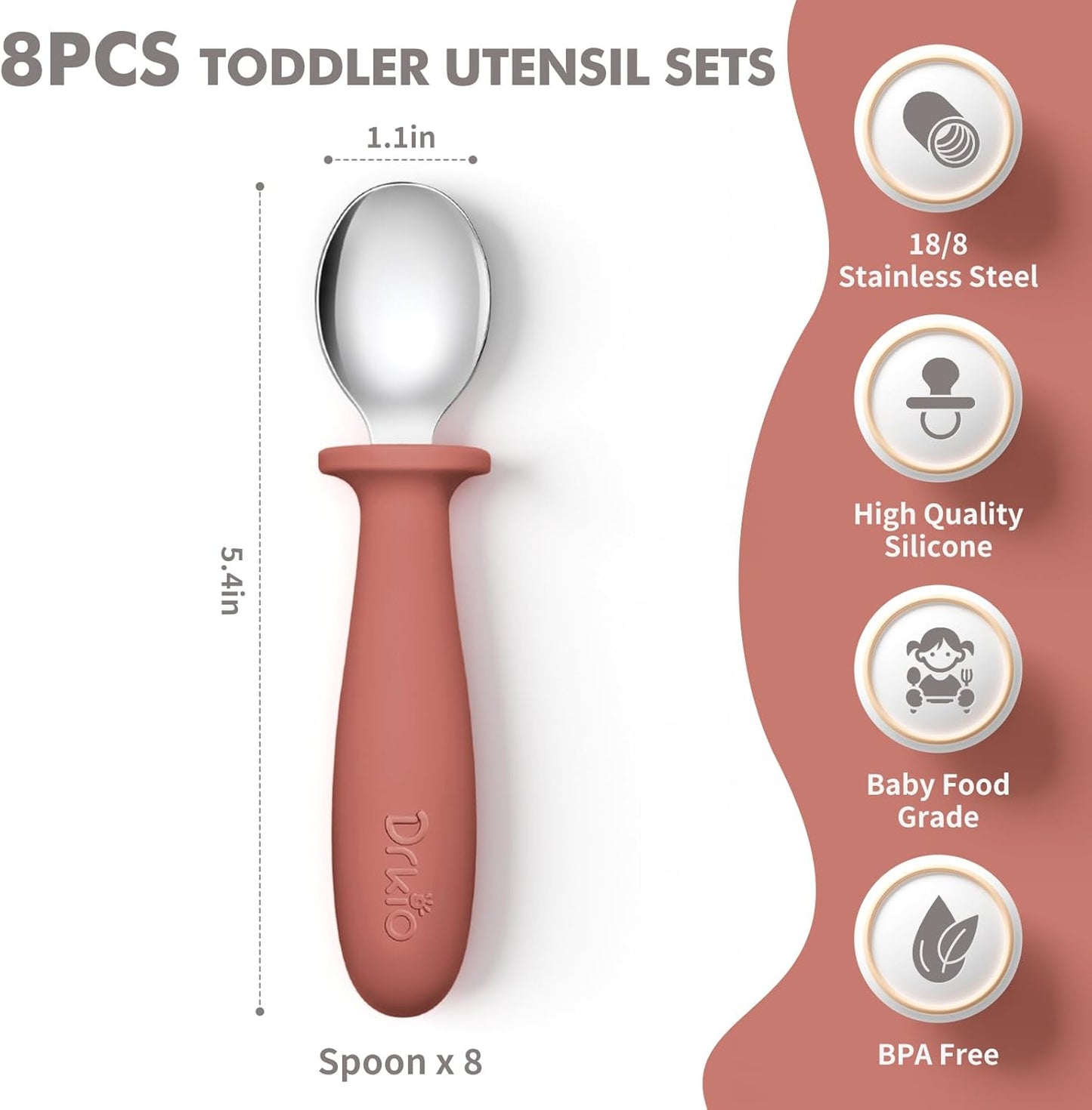 8-Piece Toddler Spoon Set - Safe and Durable Silicone Handle Utensils for Self-Feeding, Made from Food-Grade 18/8 Stainless Steel, Dishwasher Safe with Anti-Choke Design