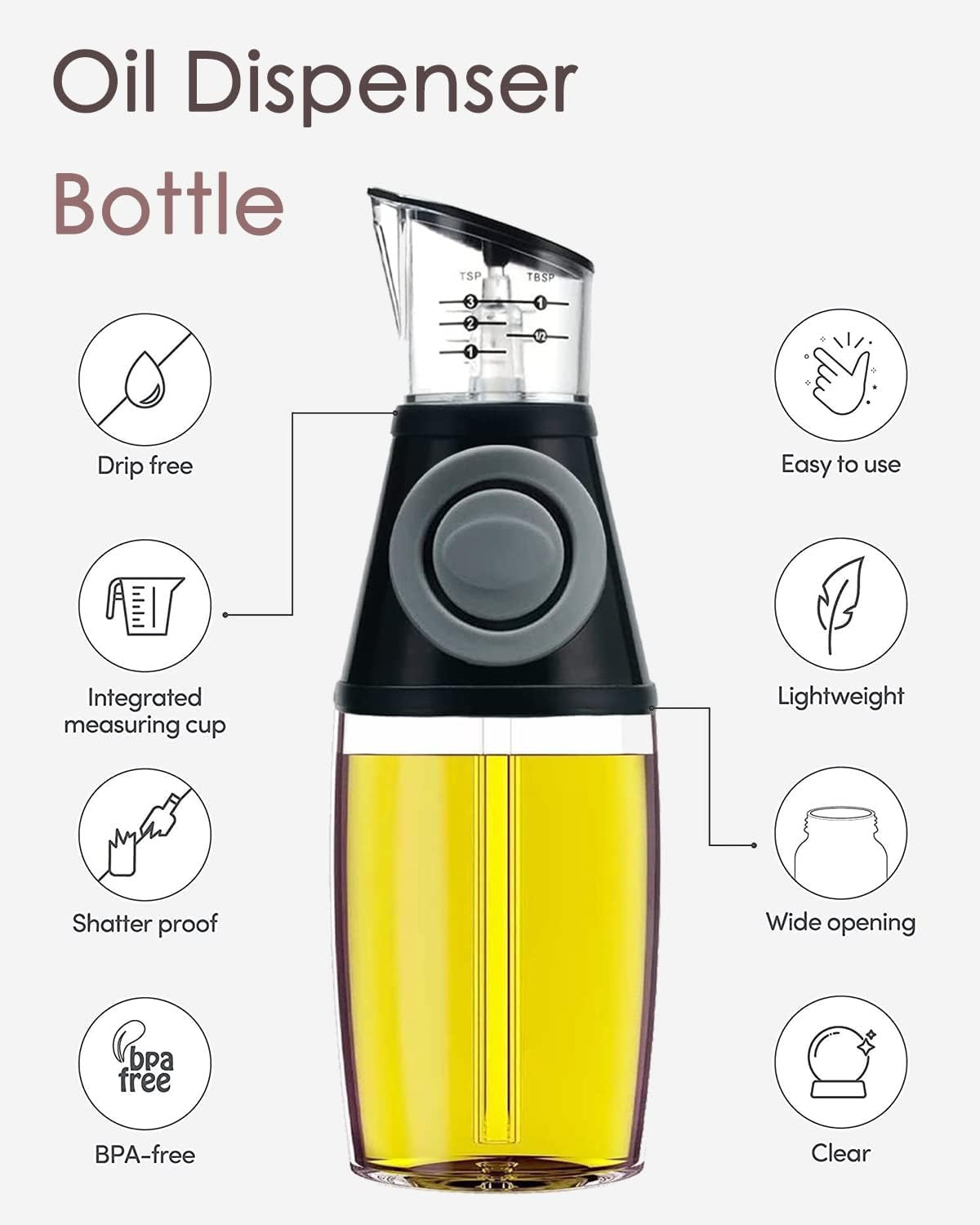 Oil Dispenser Bottle, 8.5Oz Olive Oil Dispenser Oil Sprayer, Clear Glass Refillable Oil and Vinegar Dispenser Bottle with Measuring Scale Pump for Kitchen, Cooking, Salads, Baking Frying