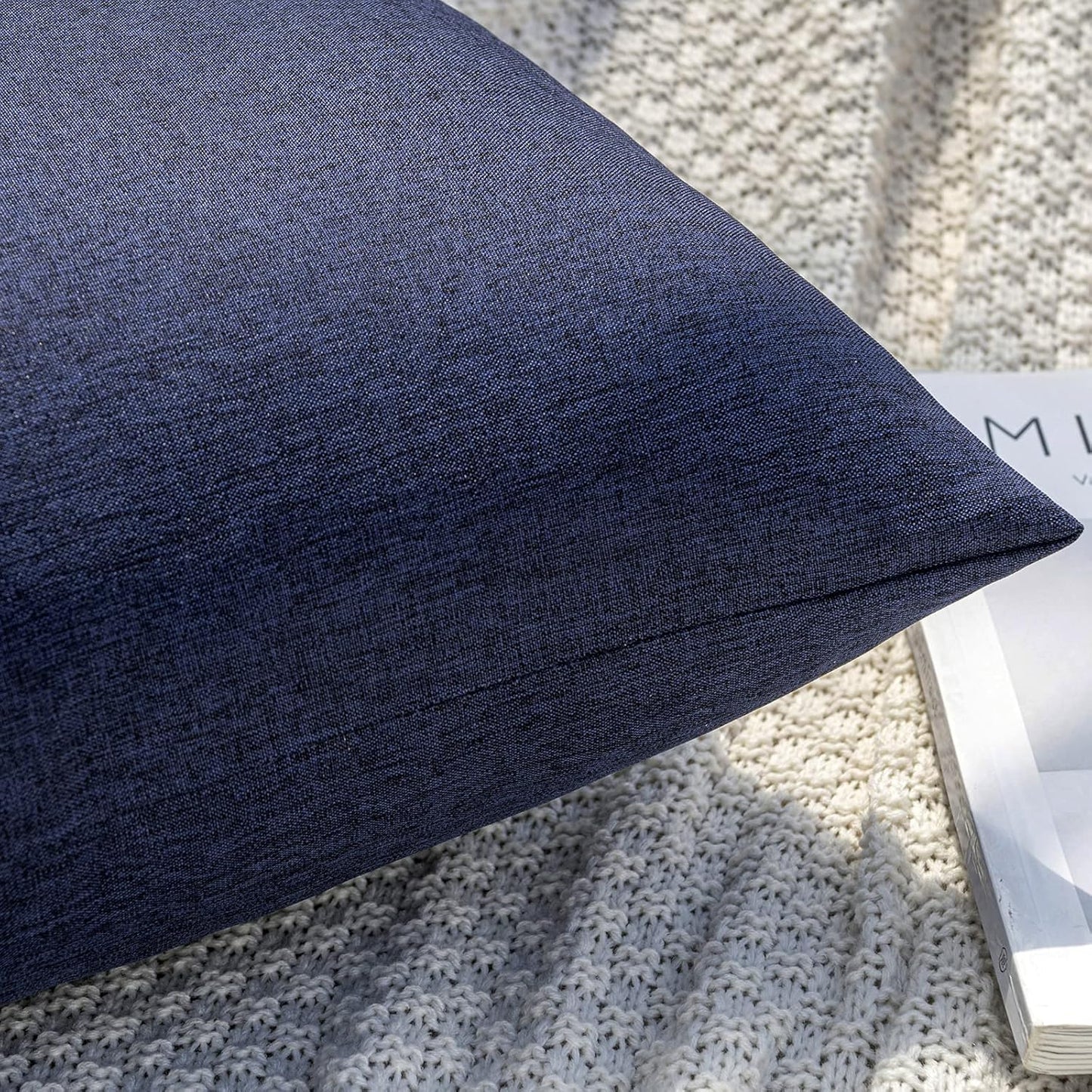 Pack of 2 Decorative Outdoor Solid Waterproof Throw Pillow Covers Faux Linen Garden Farmhouse Cushion Cases for Summer Patio Tent Balcony Couch Sofa 18X18 Inch Navy