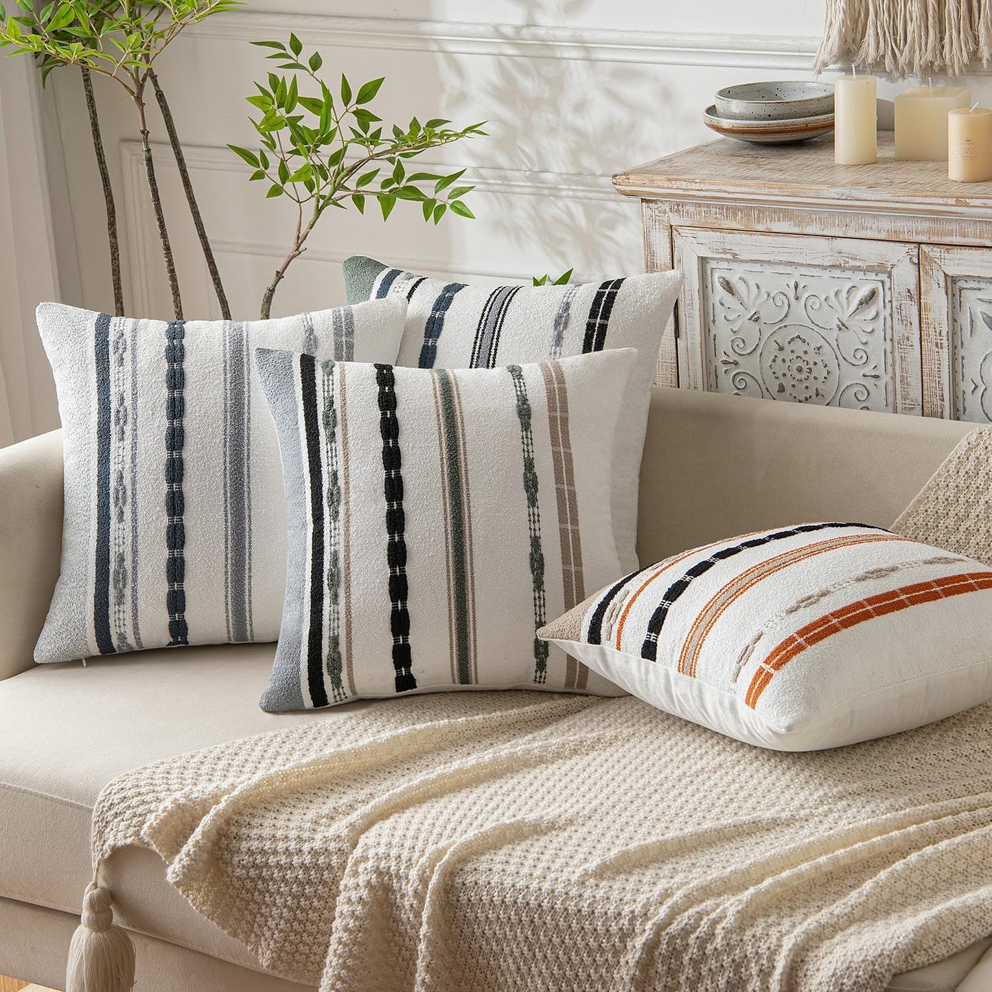 Fall Set of 2 Decorative Throw Pillow Covers Boho Farmhouse Cushion Covers Chenille Striped Pillow Covers Soft Accent Neutral Pillowcases for Sofa Couch Bed Home Decor,18×18 Inch,Black