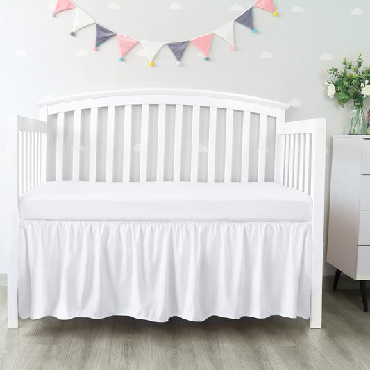 Crib Bed Skirt 28” X 52” with 14” Drop Pleated Dust Ruffle for Baby Boys Girls Elastic Adjustable Fit Toddler Bedskirt Easy On/Off Soft Nursery Standard Crib Bedding Skirts Solid White Crib Skirt