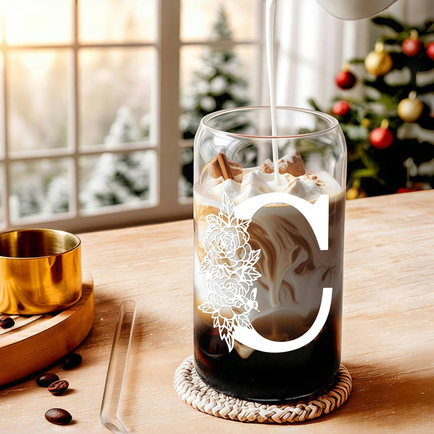 Gifts for Holidays,Birthday Gifts for Women,Personalized Initial Glass Cup as Iced Coffee Cups,Aesthetic Smoothie Cup Cute Beer Tumbler,16 Oz Glass Cups with Lids and Straws-C(1Psc)