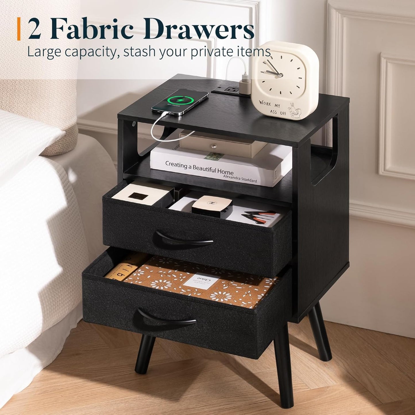 LED Night Stand with Charger Station, Mid Century Modern Nightstand with Fabric Drawers, Bedside Table Nightstands with Storage Shelf, Bed Side Table Small Night Stands for Bedroom Living Room