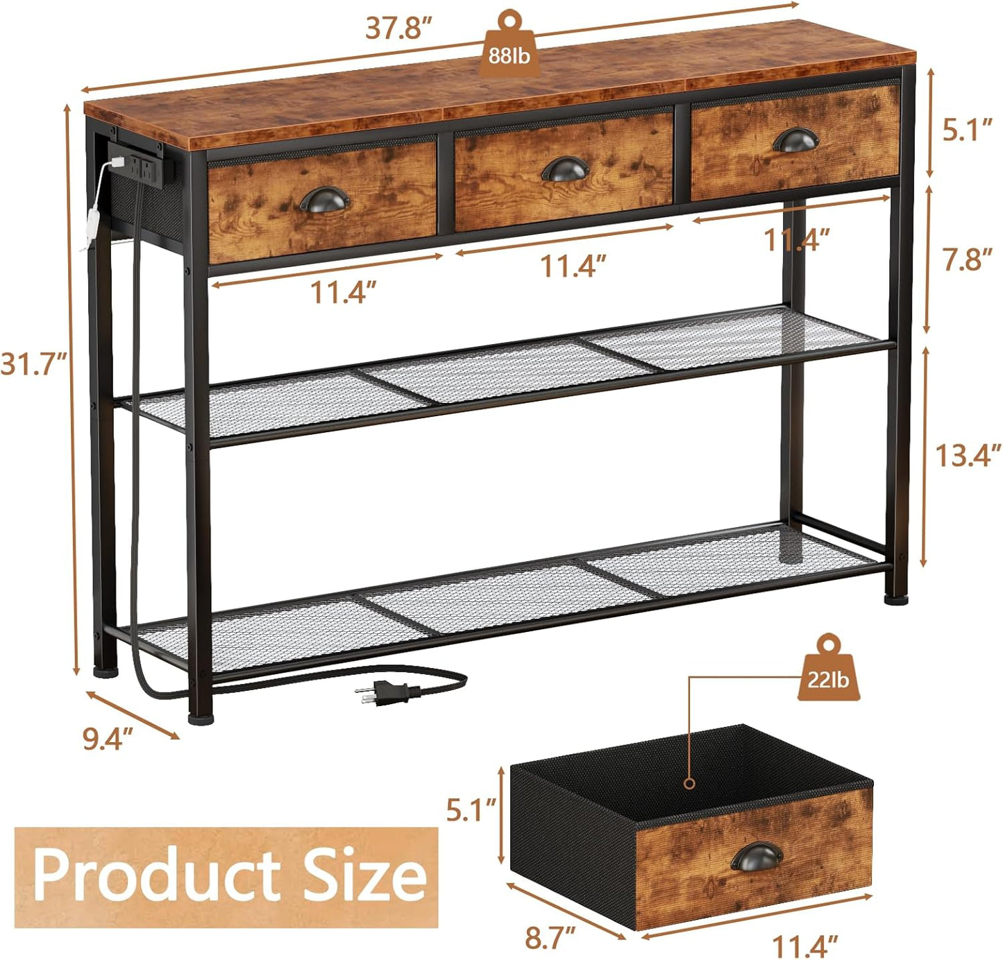 Console Table with Charging Station & 3 Fabric Drawers, 38'' Entryway Table with Storage Shelves and LED Light for Entry Way, Industrial Display Shelf for Hallway, Foyer, Rustic Brown