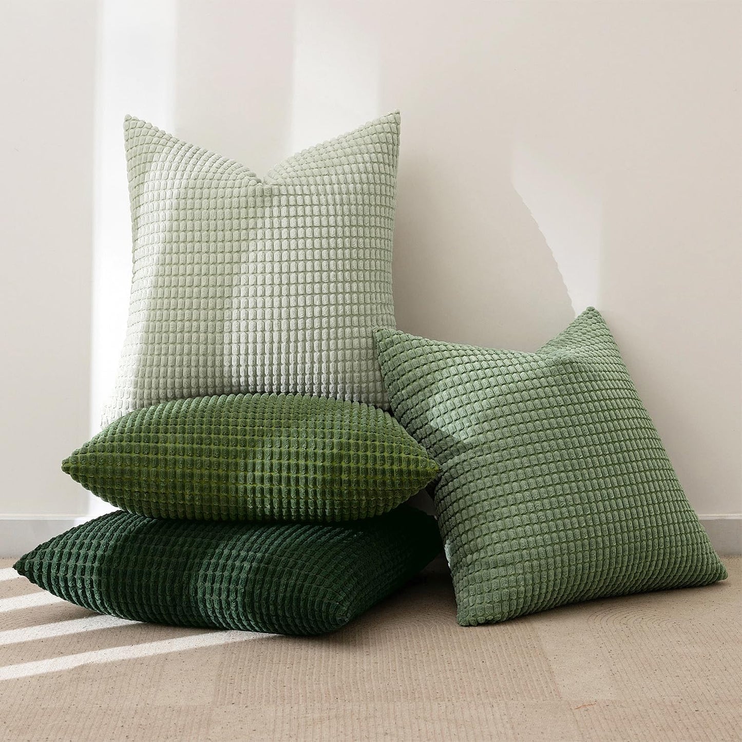 Sage Green Corduroy Pillow Covers 18x18 Inch Set of 4 - Boho Farmhouse Modern Nordic Decor for Couch, Bed, and Living Room