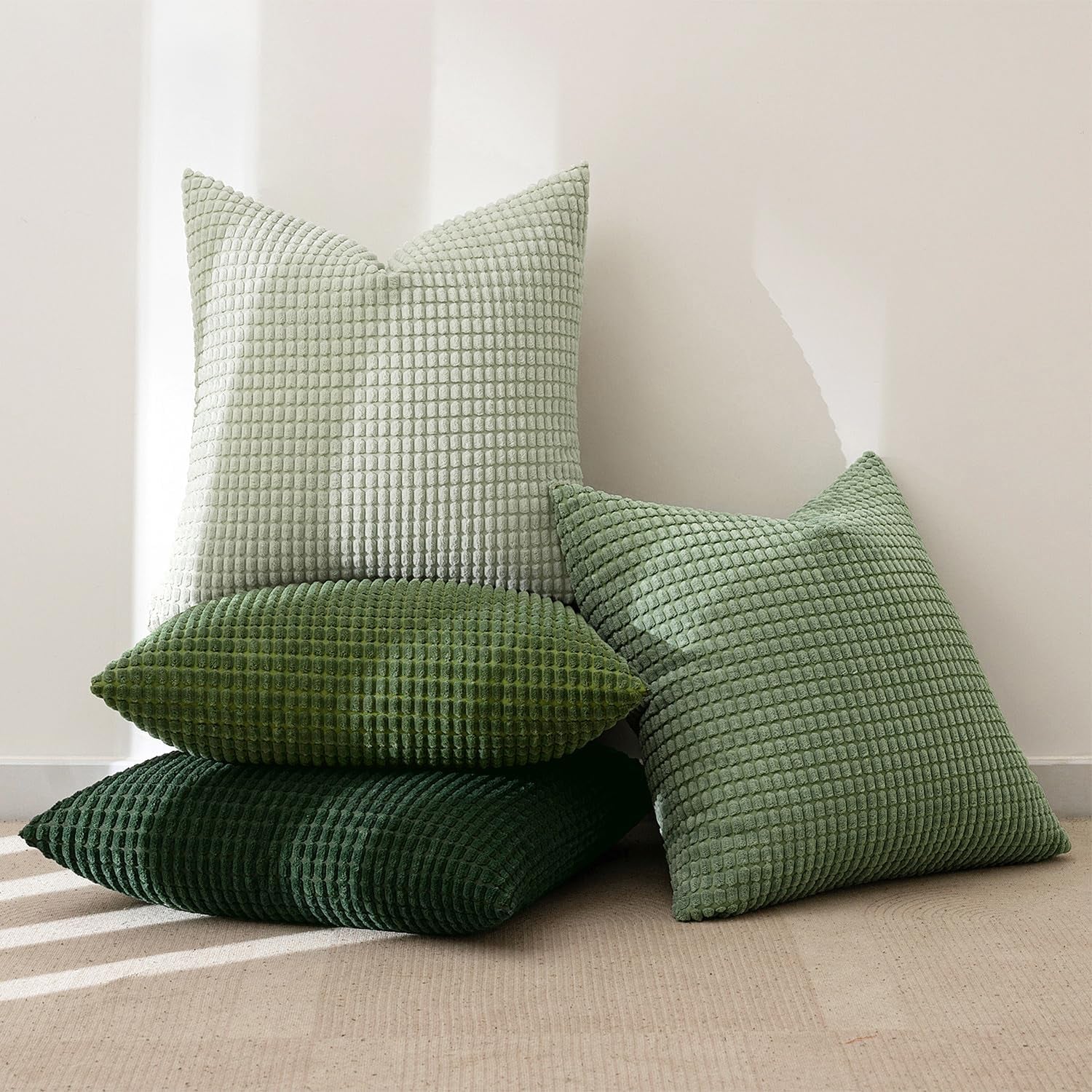 Sage Green Corduroy Pillow Covers 18x18 Inch Set of 4 - Boho Farmhouse Modern Nordic Decor for Couch, Bed, and Living Room