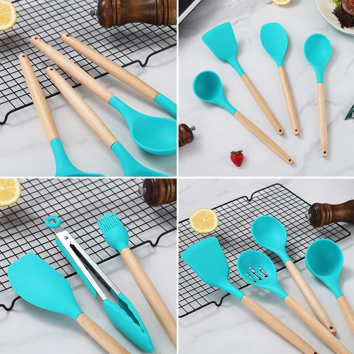 38-Piece Silicone Kitchen Utensils Set with Non-Stick Cookware, Wooden Handles, Multi-Use Hooks, and Utensil Racks (Blue)