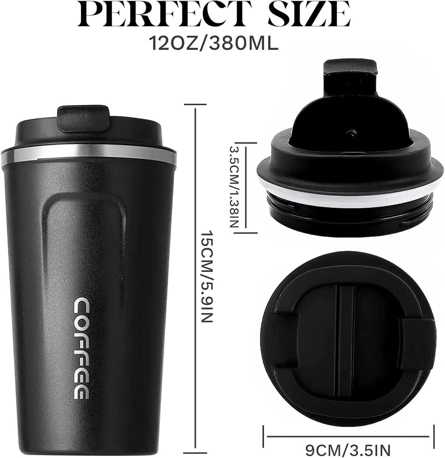 Insulated Travel Coffee Mug, Spill & Leak Proof, Portable to Go Camping Stainless Steel Coffee Tumbler, Reusable Thermal Coffee Cup with Lid for Hot & Cold Drinks (2Nd-Black, 12 OZ)