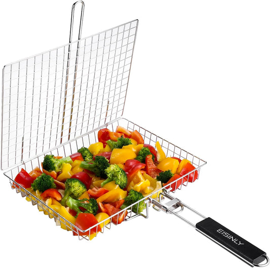 Portable Grill Basket,  BBQ Grilling Basket for Outdoor Grill with Removable Handle, Stainless Steel Camping Cooking Grill Accessories for Chicken Fish Vegetable