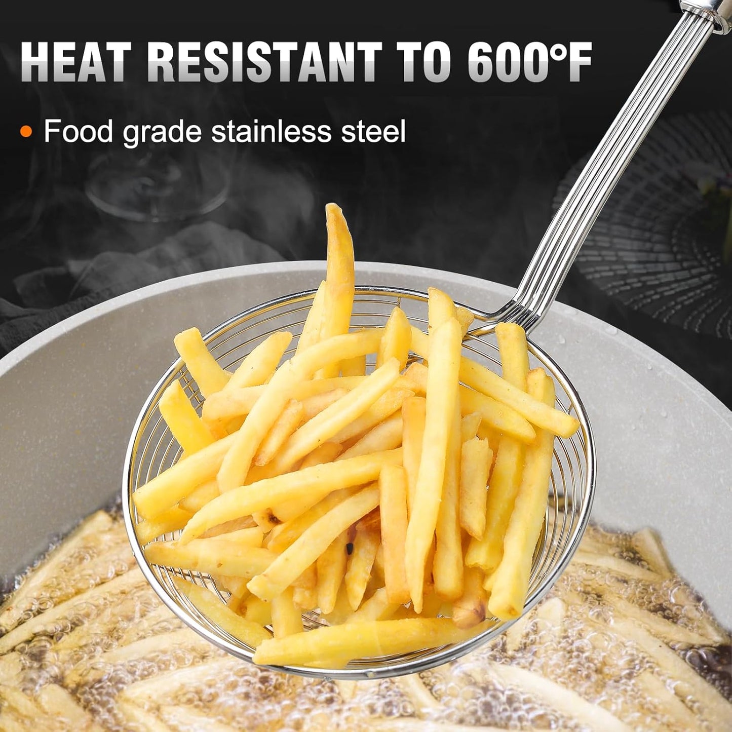 Spider Strainer, Set of 2-5.5 Inch Stainless Steel Fryer Scoop & 4 Inch Fat Skimmer Spoon, Kitchen Spider Skimmer Strainer with Handle, for Cooking Deep Fryer, Pasta, Egg,Fat