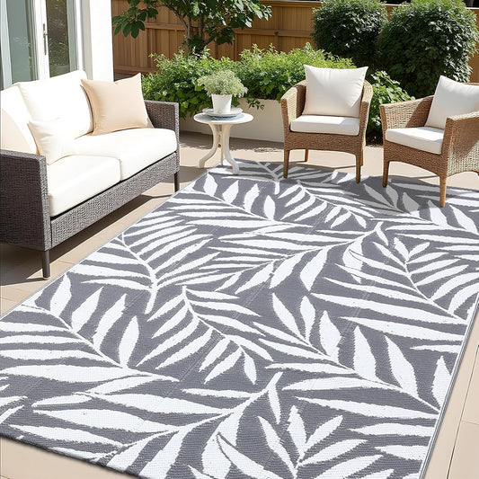 Waterproof Outdoor Rug 5X8 Ft, Reversible Outdoor Plastic Straw Rug with Leaf Pattern, RV Mat, Indoor Outdoor Carpet for Patio, Camping, Balcony, Deck, Backyard, Grey & White