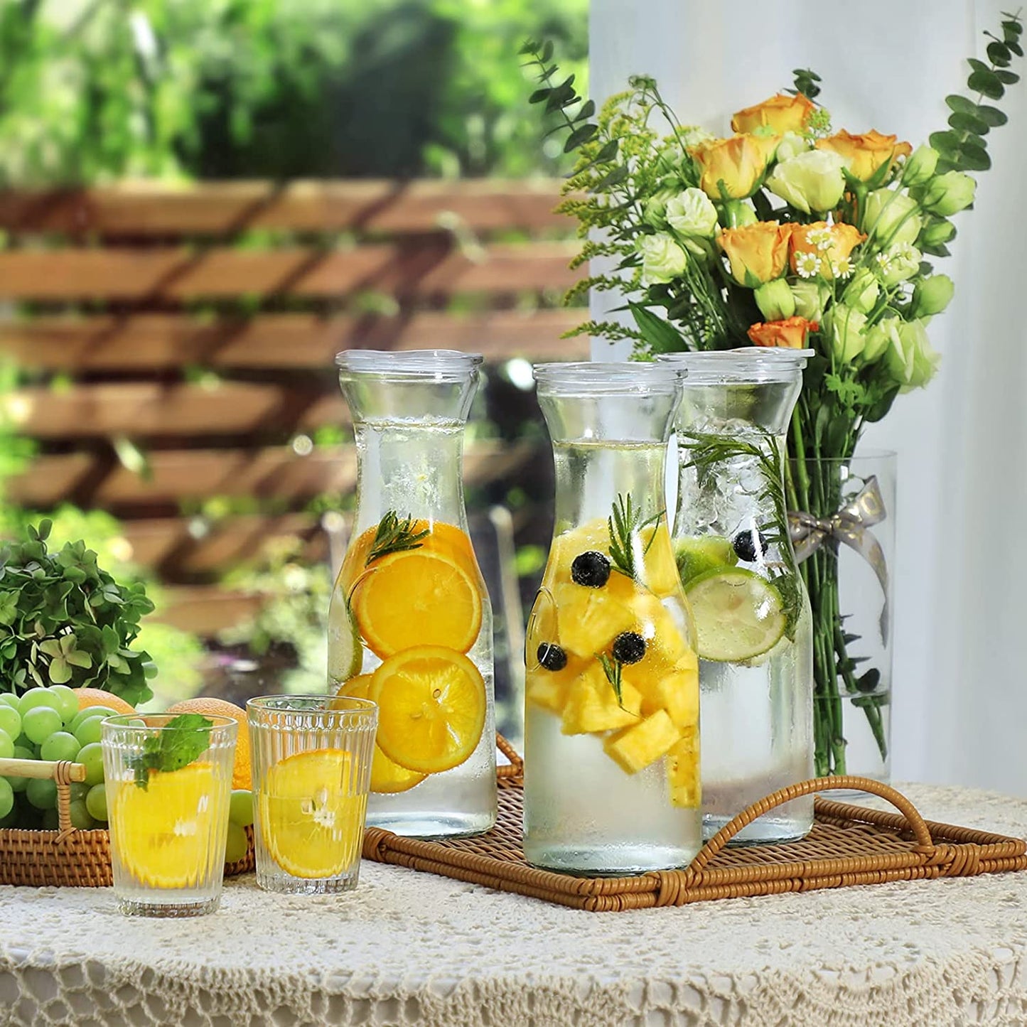 Set of 4 Glass Carafe with Lid, 1 Liter Beverage Serveware Carafe, Clear Glass Pitcher for Mimosa Bar, Brunch, Cold Water, Juice, Milk, Iced Tea, Lemonade