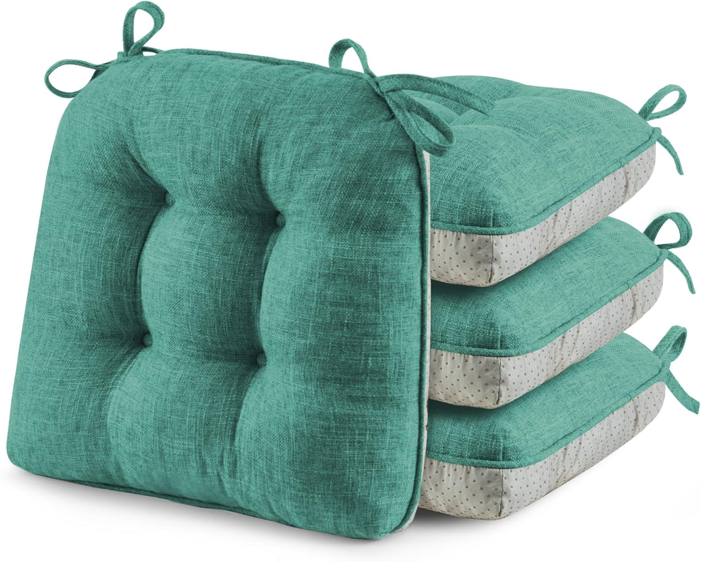 ® Chair Cushions for Dining Chairs, Tufted Memory Foam Chair Pads with Non-Slip Backing, Kitchen Seat Cushions with Ties, Washable Seat Pad Set of 4, 15.5" X 15.5" X 4", Green