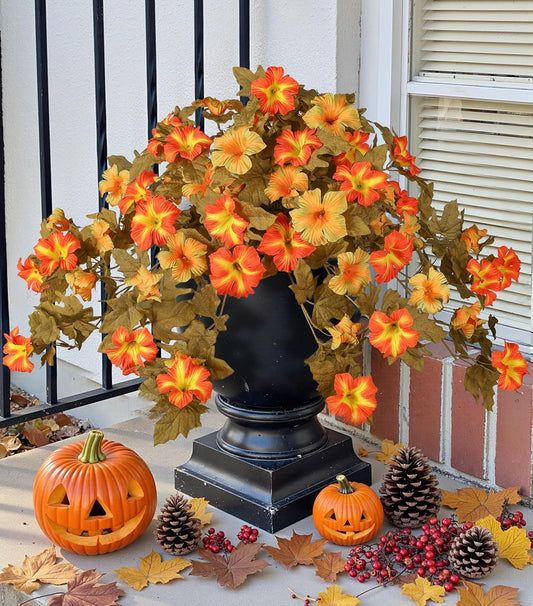 Artificial Fall Flowers for Outdoors Decoration 2PCS Autumn Faux Morning Glory Look Real Silk Flowers for outside Planter UV Resistant Fake Flowers for Home Garden Balcony Yard Porch Deco