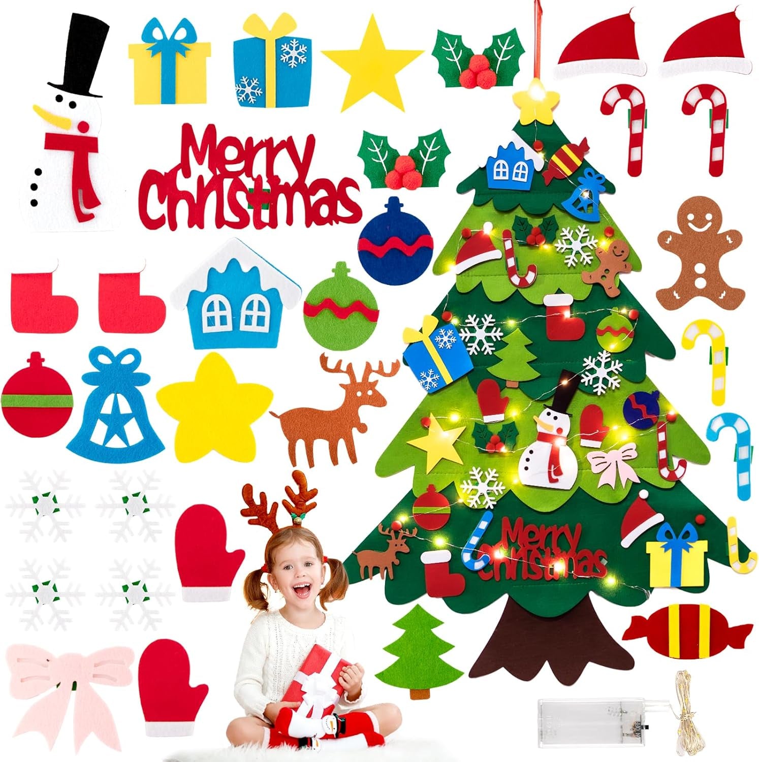 Felt Christmas Tree Set for Toddlers Kids with 3M/9.8Ft Led String Light, 3.2Ft/98Cm Wall Hanging DIY Christmas Tree with 32 Detachable Ornaments for Xmas Home Decoration
