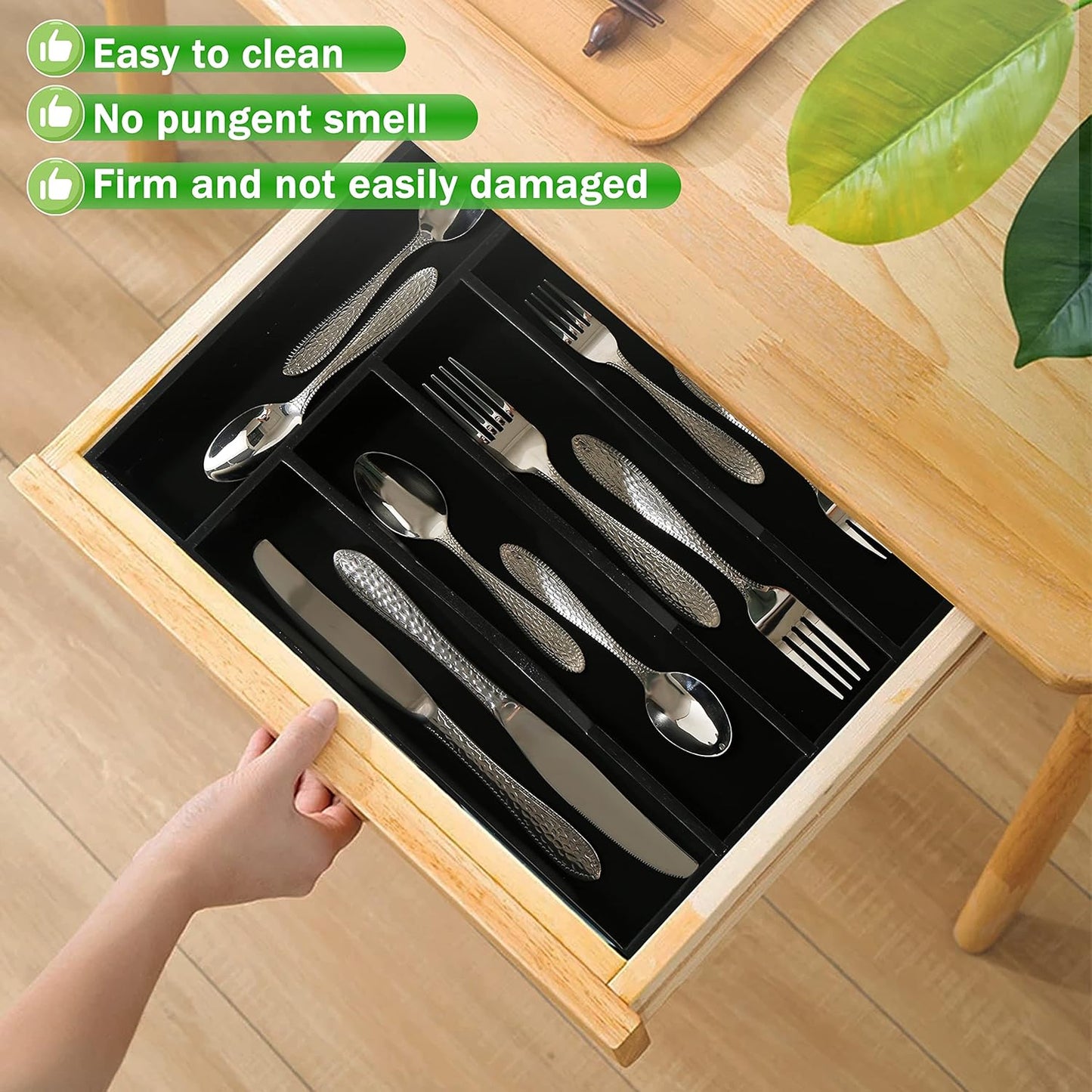Black Silverware Organizer 10 in Utensil Organizer Silverware Tray for Drawer Cutlery Flatware Organizer for Kitchen Bamboo Wood