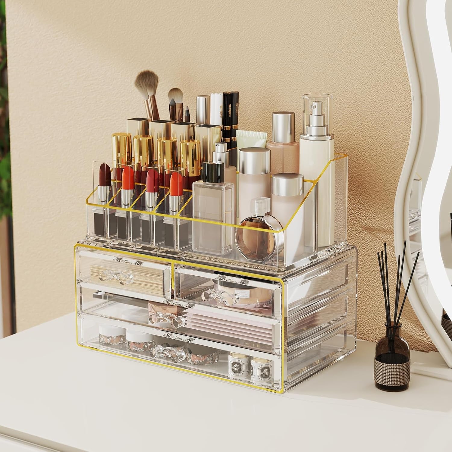 2Pc 4-Drawer Makeup Organizer Countertop Cosmetic Storage for Vanity | Bathroom | Skincare | Perfume Storage, Casual Pairing No Assembly, Ideal Gift for Women, Clear with Luxe Gold Trim