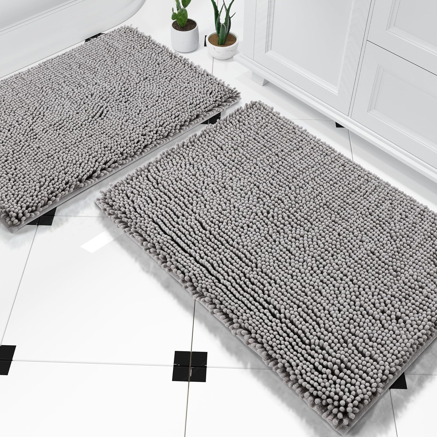 Bathroom Rug Set 2-Piece, Soft Absorbent Quick-Dry Chenille Bath Mats, Machine-Washable, Bathroom Mats for Floor, Tub & Shower, Bath Rugs for Bathroom – 32X20 + 24X17, Grey