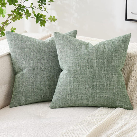 Set of 2 Sage Green Decorative Linen Burlap Pillow Covers for Farmhouse Boho Style, 16x16 Inch Accent Pillowcases for Sofa, Car, Couch, and Bedroom Decor