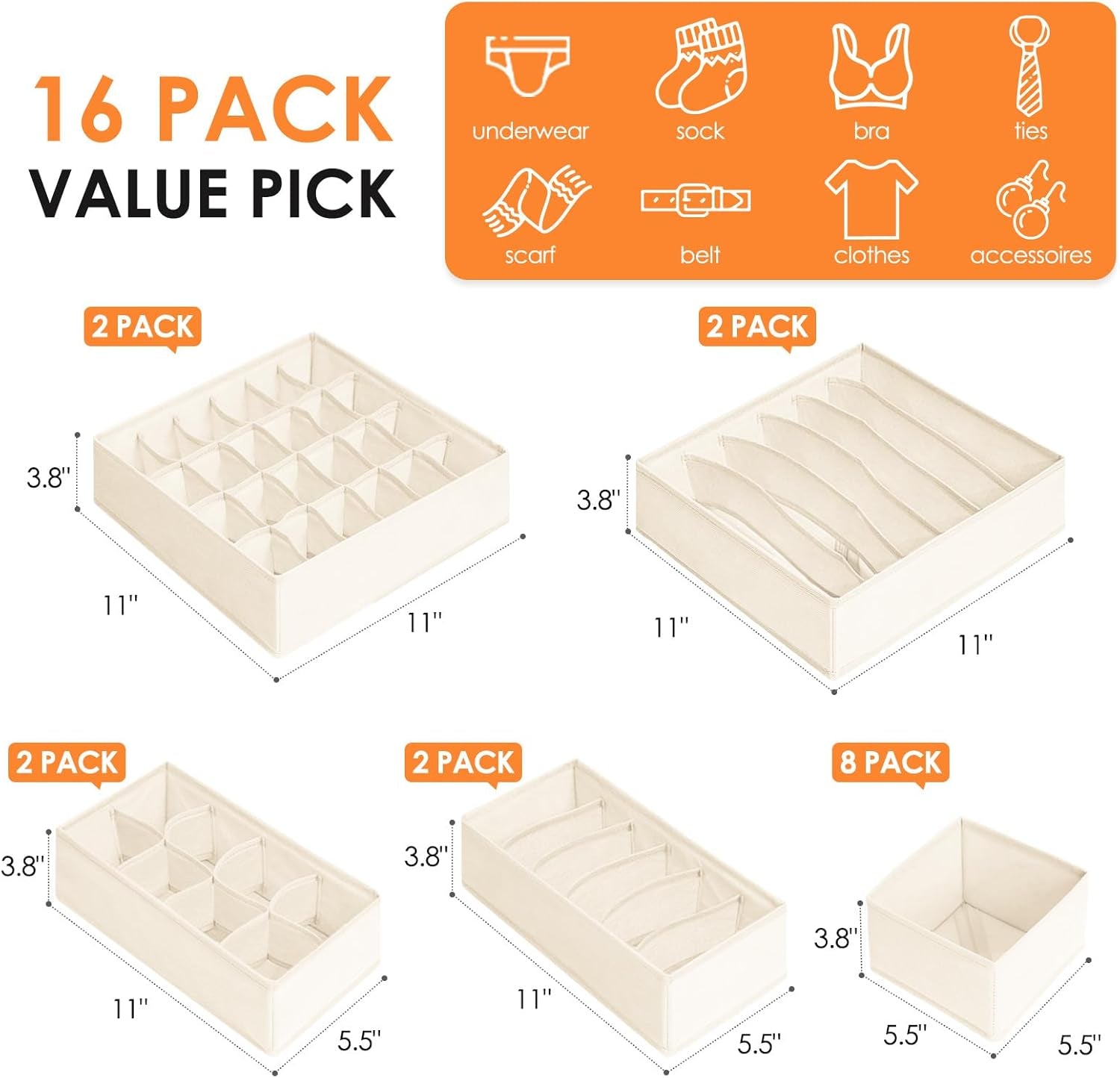 Drawer Organizer Clothes, 16 Pack Dresser Organizer Bins for Baby Clothes, Underwear Sock, Fabric Closet Organization and Storage Dividers for Nursery Bedroom (96 Compartments, Beige)