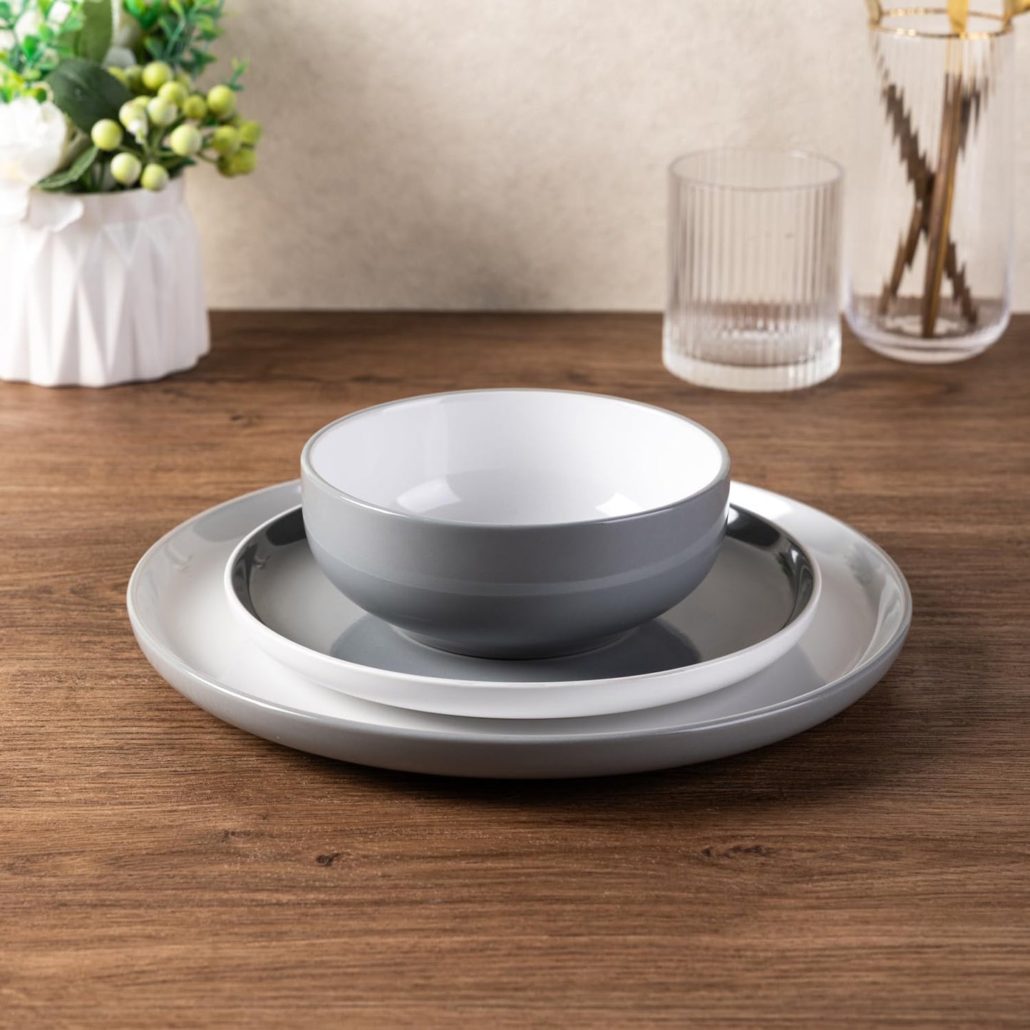 12-Piece Modern White Ceramic Dinnerware Set for 4, Scratch-Resistant Plates and Bowls, Oven Safe, Microwave and Dishwasher Compatible