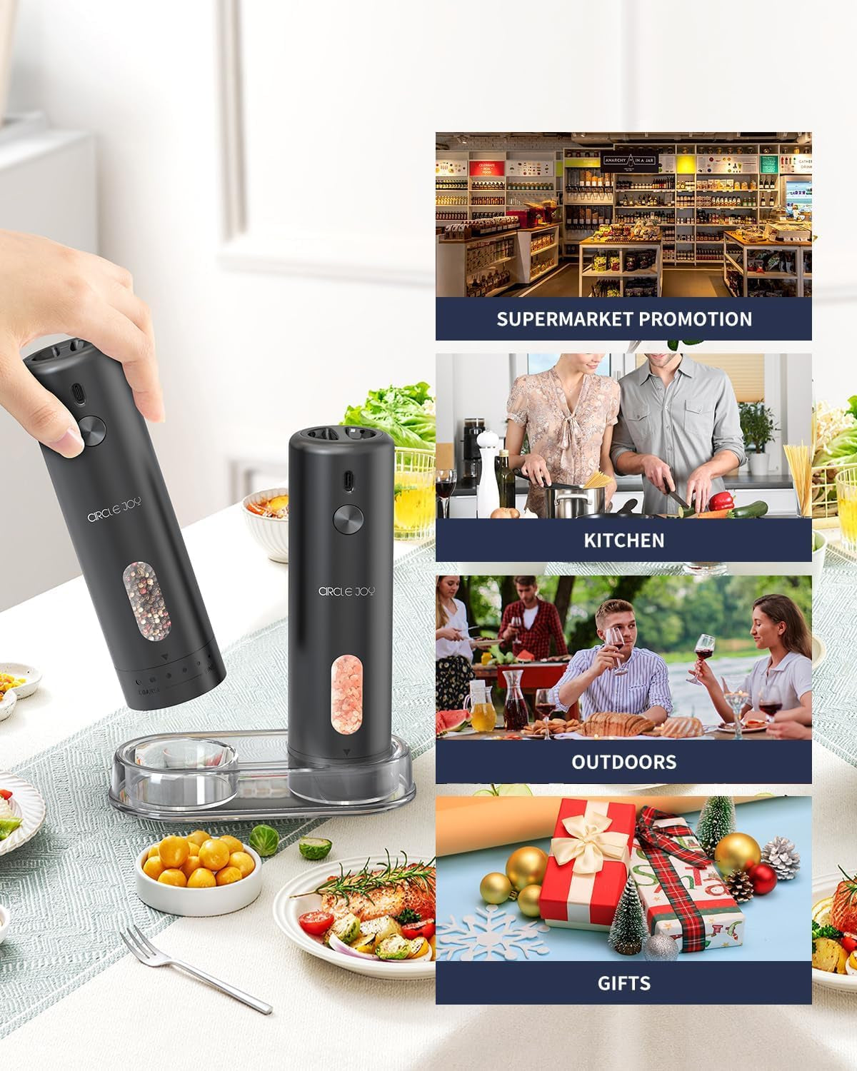 Rechargeable Electric Salt and Pepper Grinder Set with Base, Automatic Pepper Mills with 110Ml Container, External Adjustable Coarseness, White Led Light and One-Handed Operation, Black