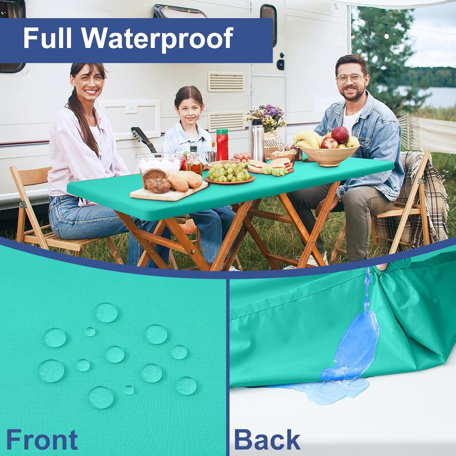 2 Pack 6 Foot Rectangle Elastic Fitted Tablecloth, Waterproof Fabric Table Cover, Washable Polyester Table Cloth for Picnic, Camping, Outdoor (Teal, 30" X 72")