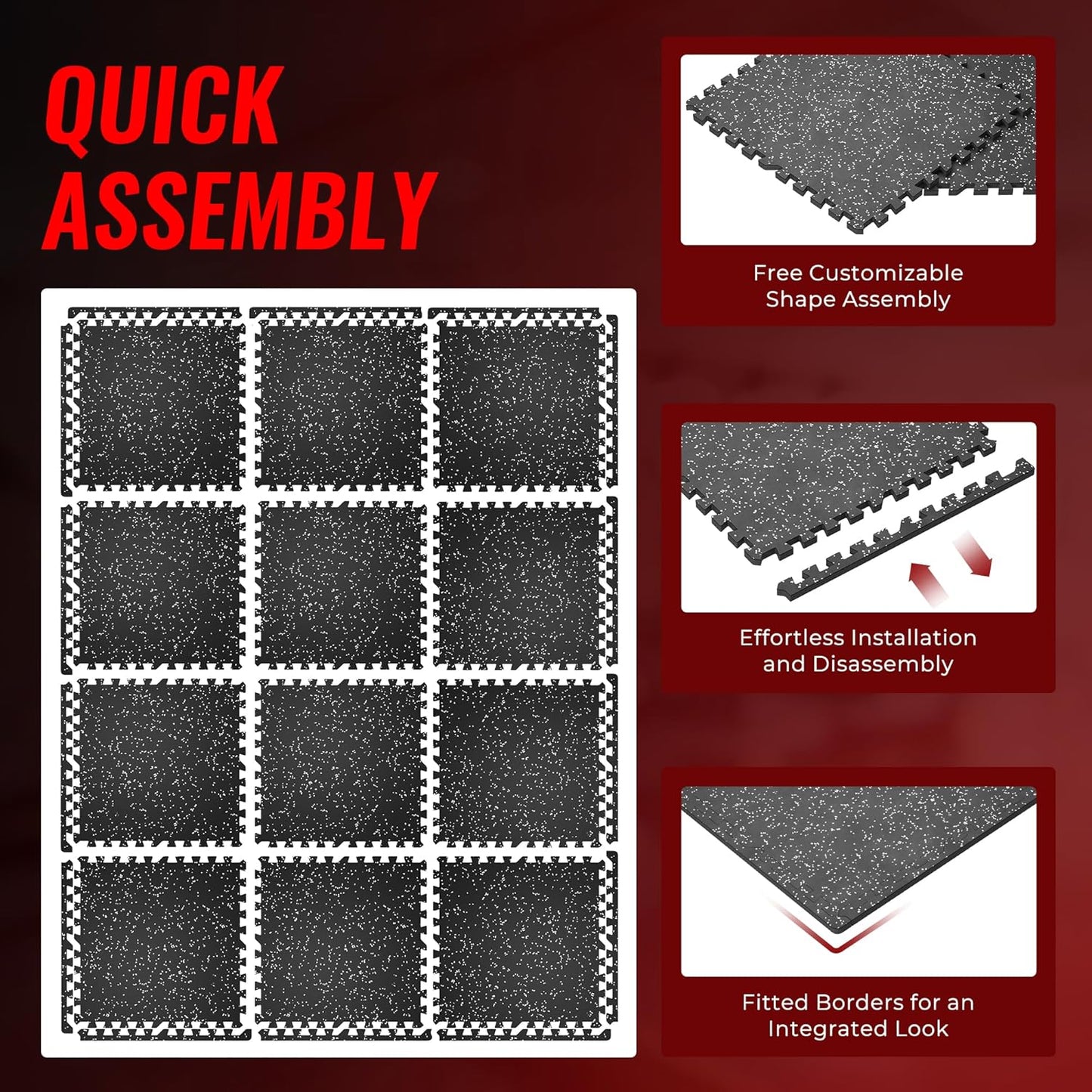 12-Piece Set of 0.56-Inch Thick High-Density EVA Foam Exercise Mats with Rubber Top, 48 Sq Ft Interlocking Gym Flooring for Home Use, Protective Workout Mat in Black/Grey