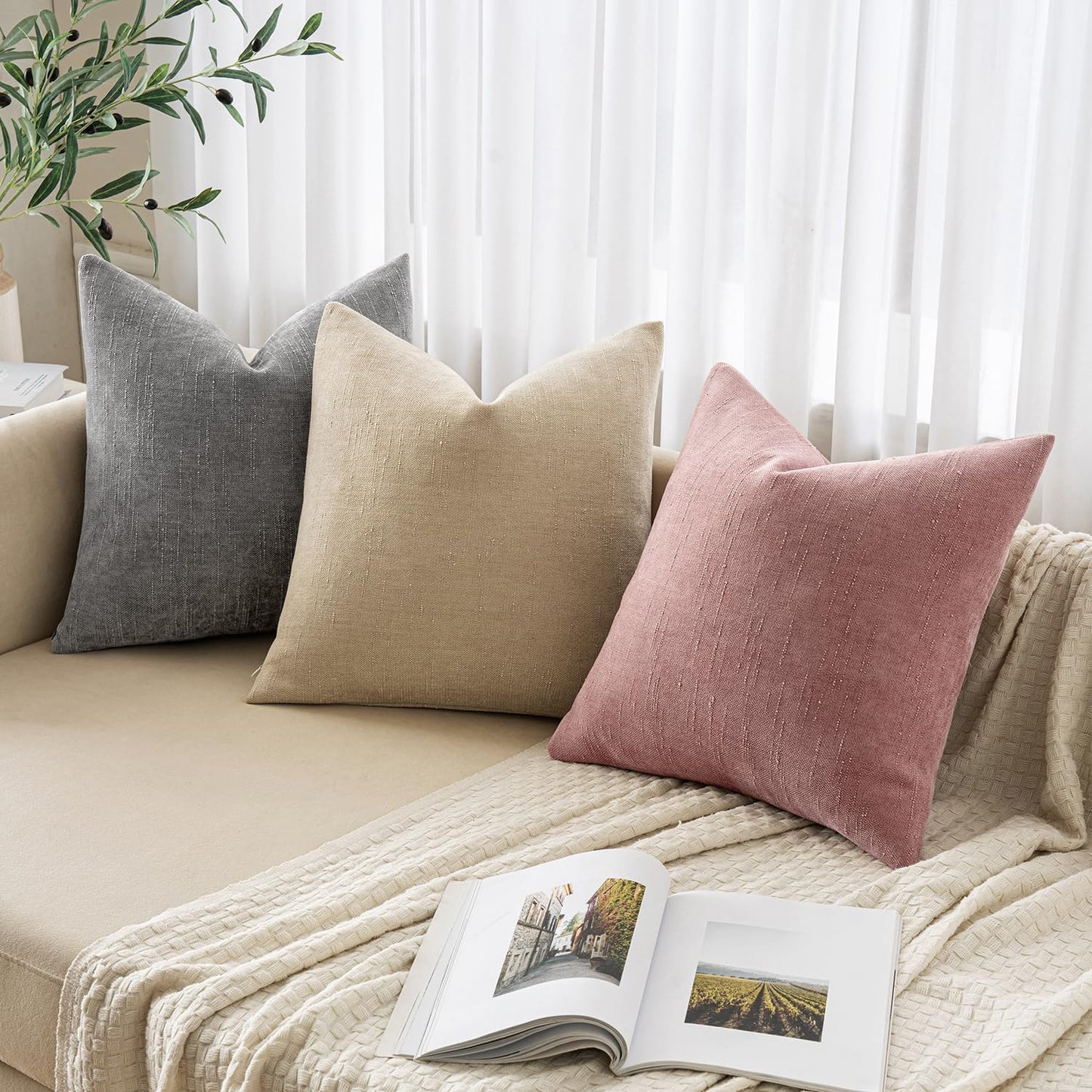 Set of 2 Soft Chenille Decorative Throw Pillow Covers - Solid Textured Cushions for Spring and Valentine's Day, 20x20 Inch, Blush Pink
