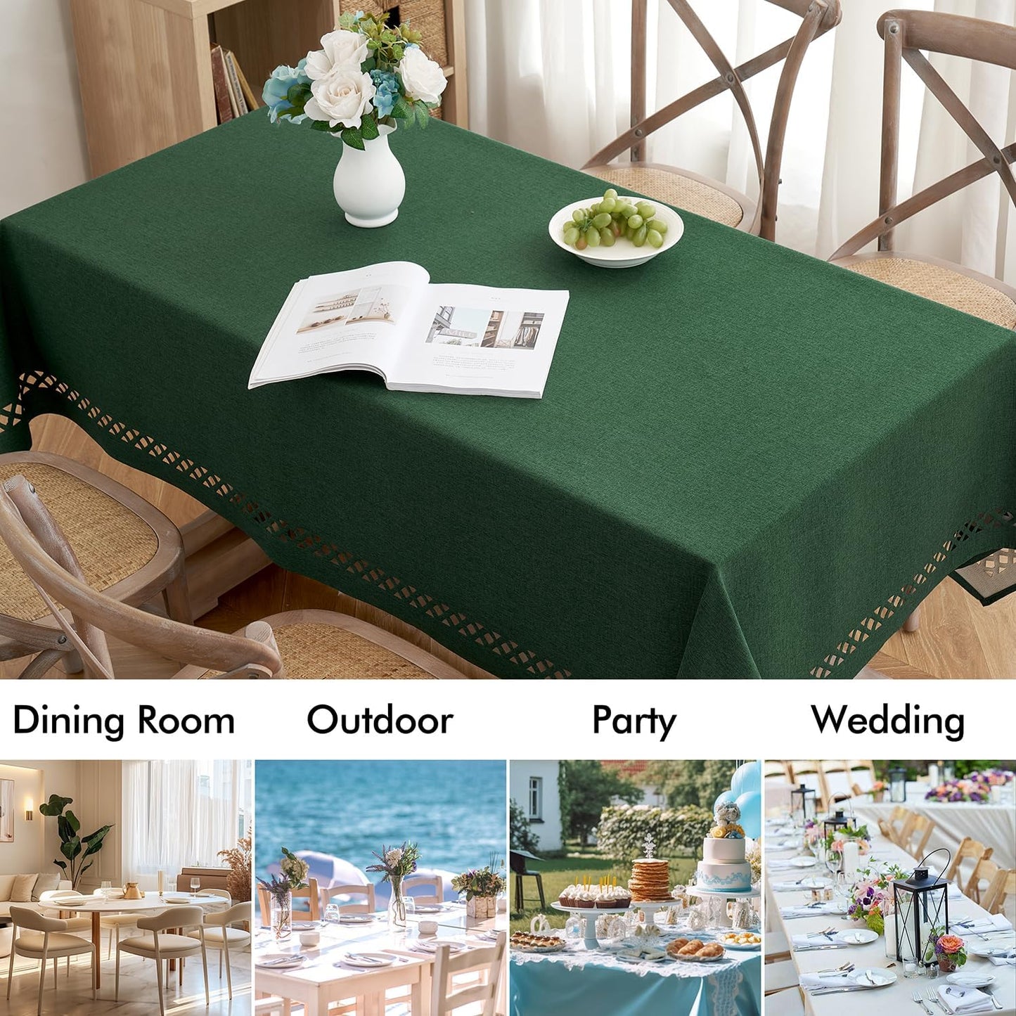 Hunter Green Thick Polyester Linen Rectangle Tablecloth with Decorative Cutouts, Waterproof, Stain and Wrinkle Resistant, Ideal for Christmas and Holiday Dining, 52 x 70 Inches