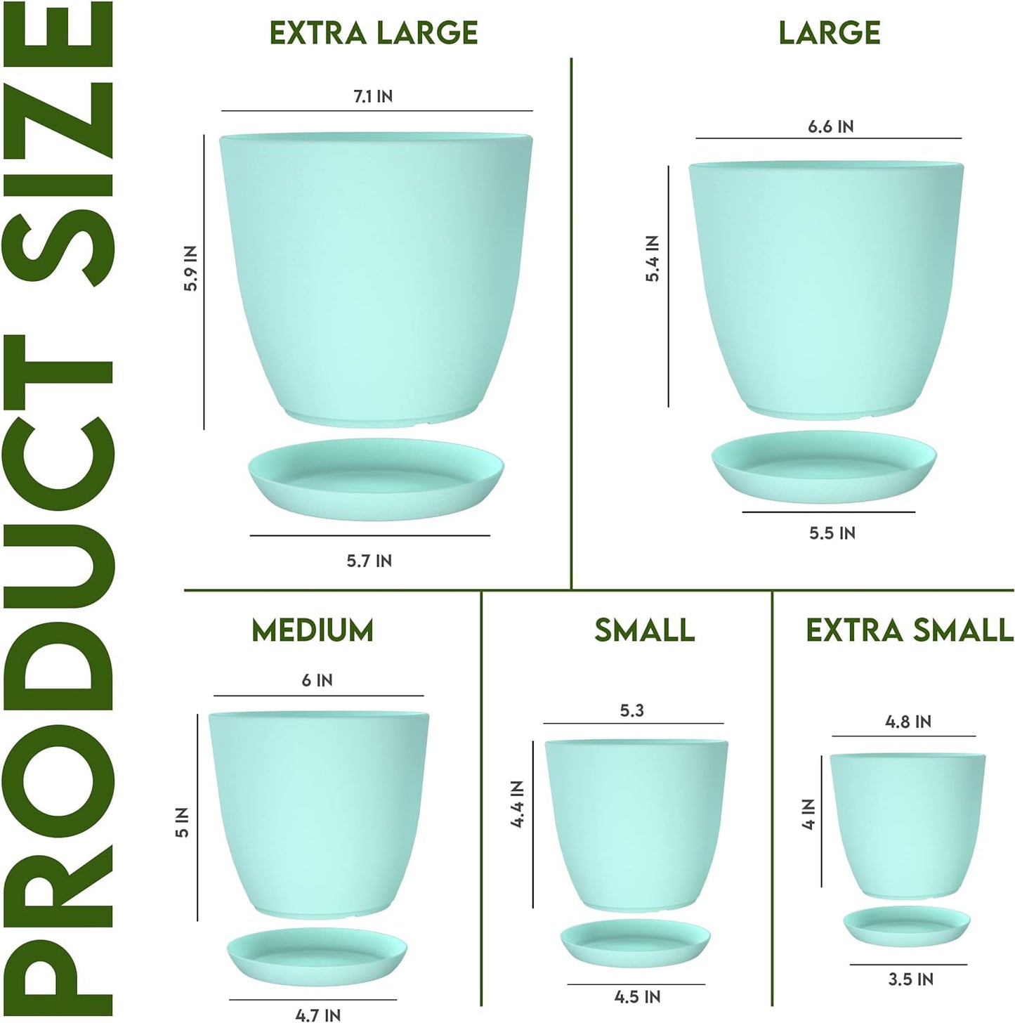 - Plant Pots Indoor with Drainage - 7/6.6/6/5.3/4.8 Inches Flower Pots for Indoor Planter - 5 Pack Plastic Planters - Ideal for Stocking Stuffers or Home Christmas Decorations - Aqua