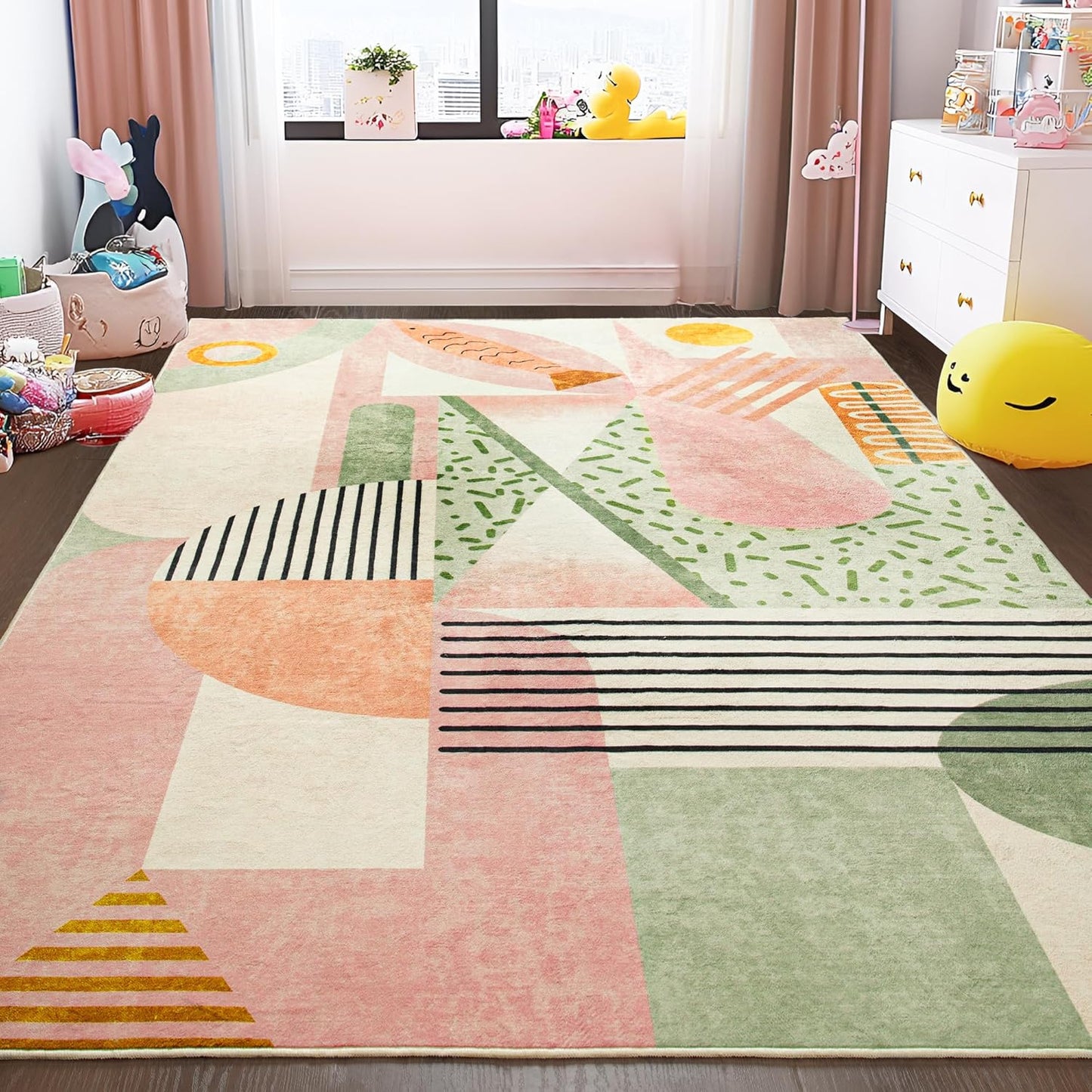 Pink Area Rug for Living Room, 5X7 Indoor Carpet for Bedroom Washable, Non-Slip Abstract Print Kids Rug for Nursery Playroom Classroom Dorm Office Dining Room