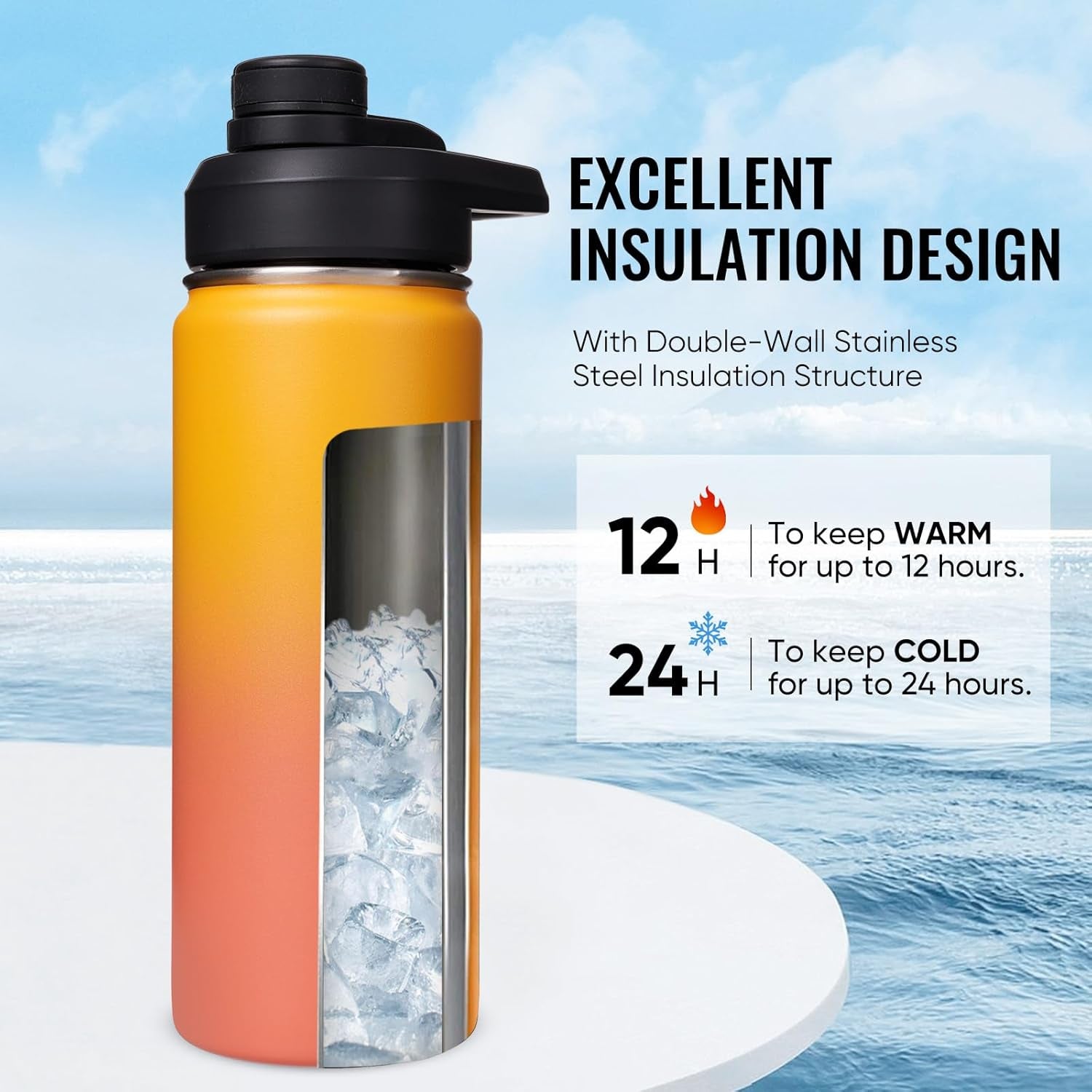 18 Oz Insulated Water Bottle with Handle, 304 Stainless Steel Water Bottles with Wide Mouth, Double Wall Vacuum Sports Water Bottle, BPA Free, Keep Cold and Hot, Yellow&Orange