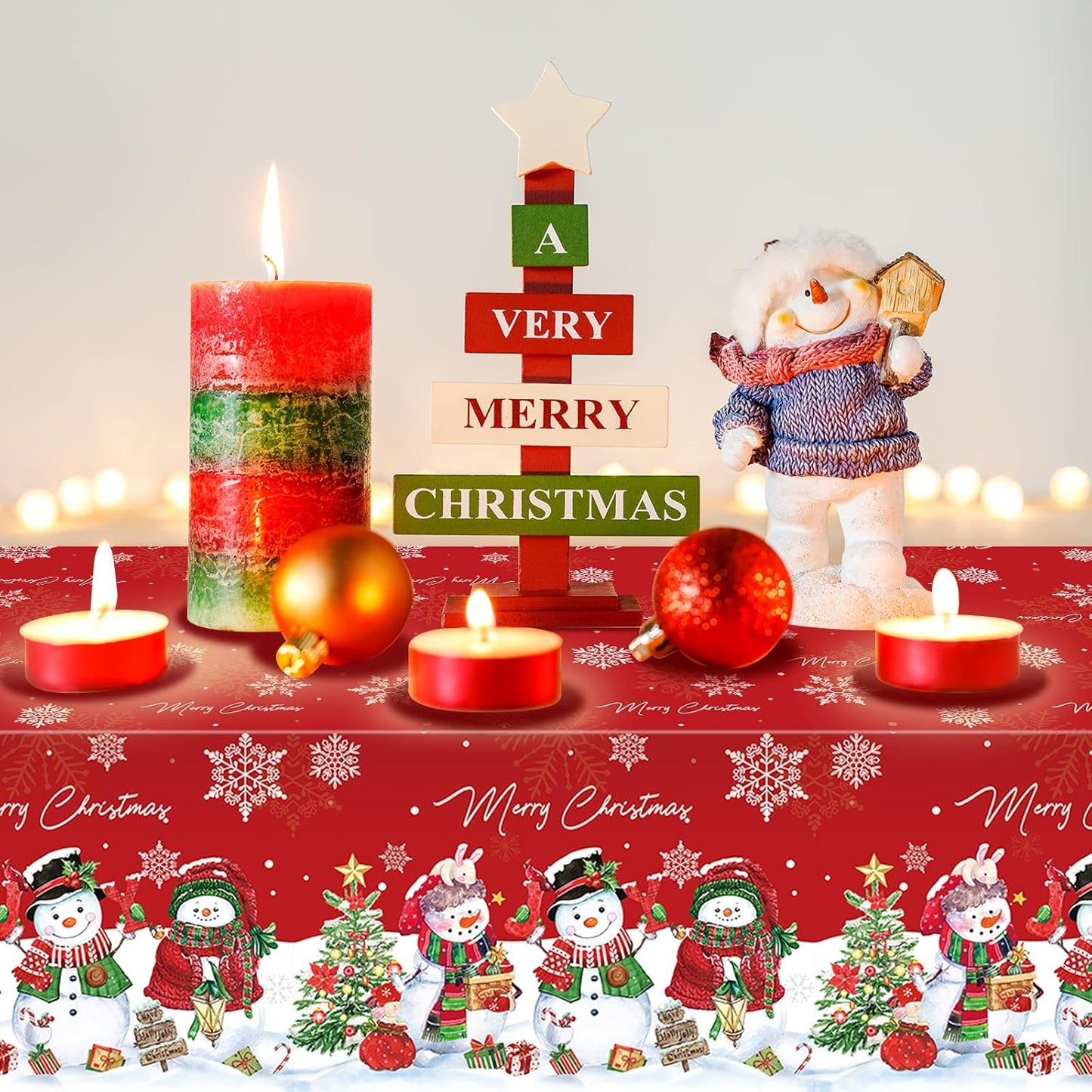 1Pcs Christmas Snowman Tablecloth,Plastic Christmas Snowman Snowflake Winter Table Cover with Xmas Tree for Winter Holiday Themed Party Decorations and Supplies,54X 108Inch(Red)