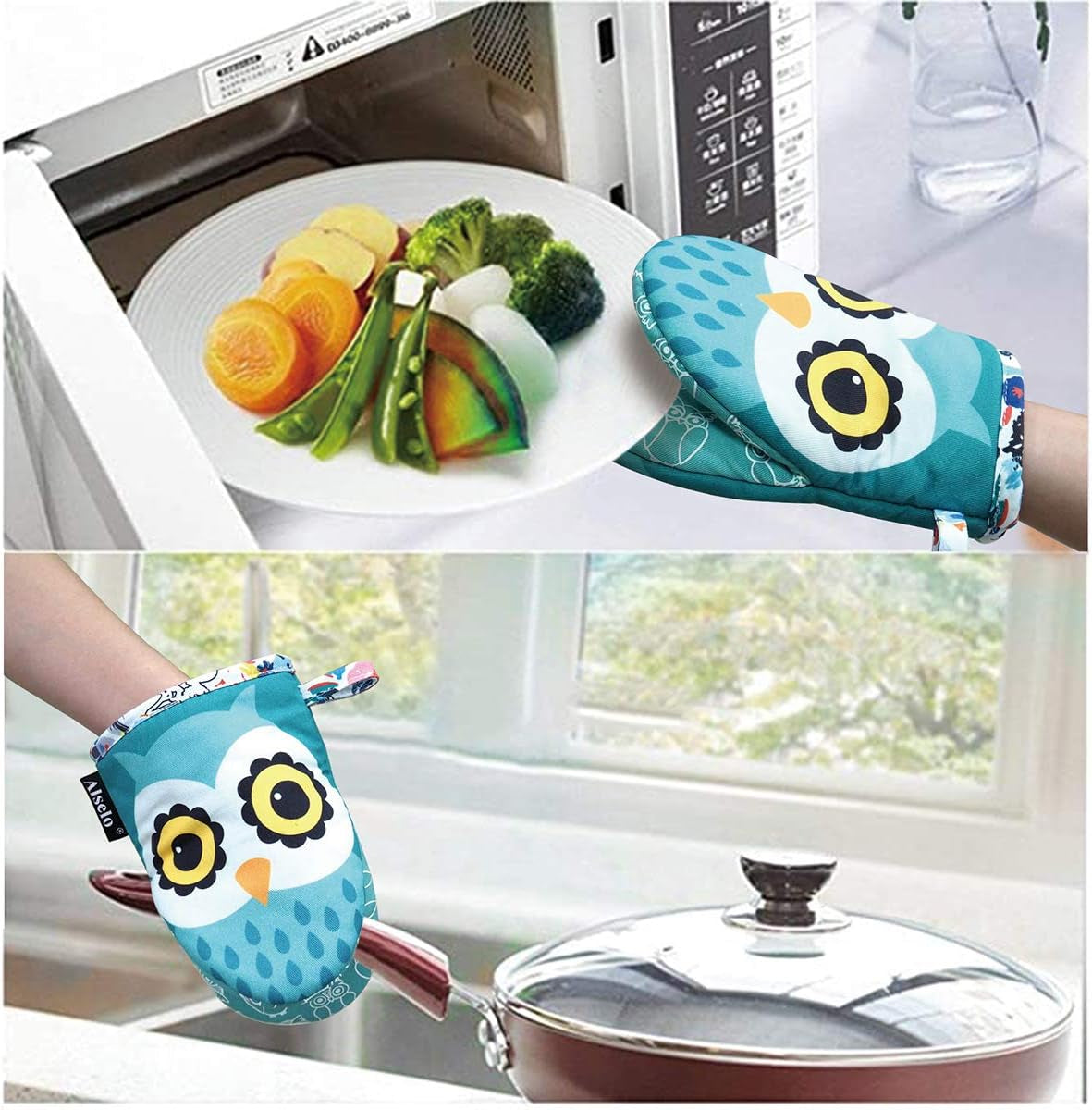 Mini Oven Mitts,2Pk - Silicone Little Kitchen Gloves, Heat Resistant with Non-Slip Grip and Soft Quilted Cotton Lining for Safe Backing Cooking Barbecue (Green, 2)