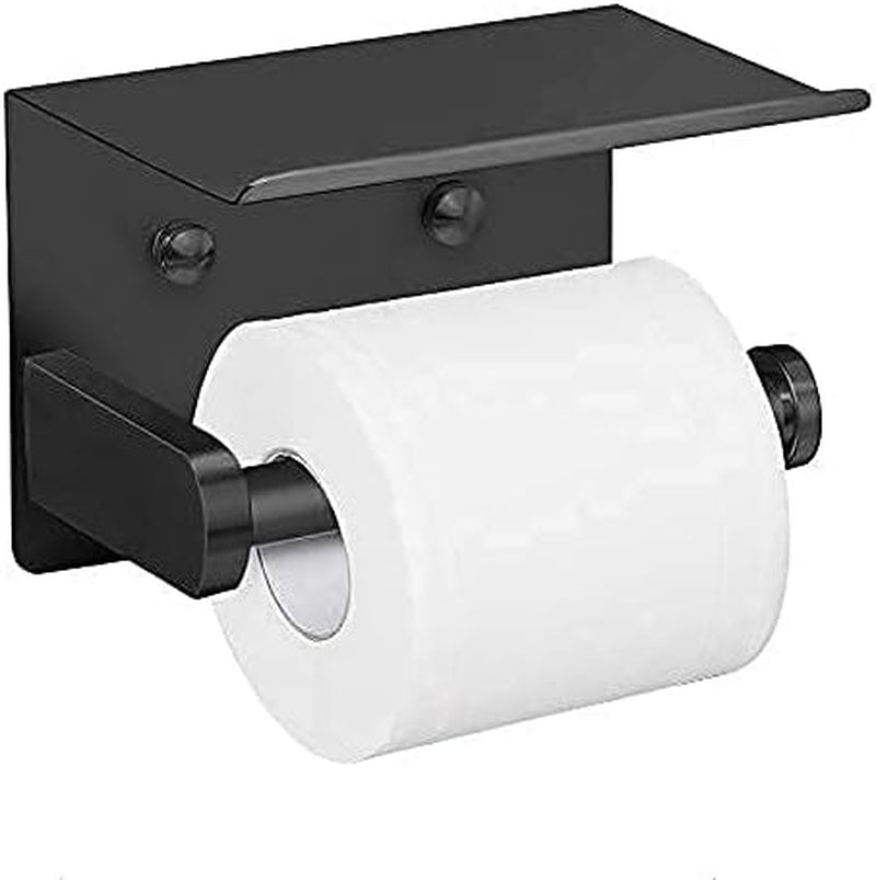 Self Adhesive Toilet Paper Holder with Phone Shelf Stainless Steel Wall Mounted Toilet Paper Roll Holder - Rustproof and Bathroom Washroom Tissue Roll Holder with Shelf - Black