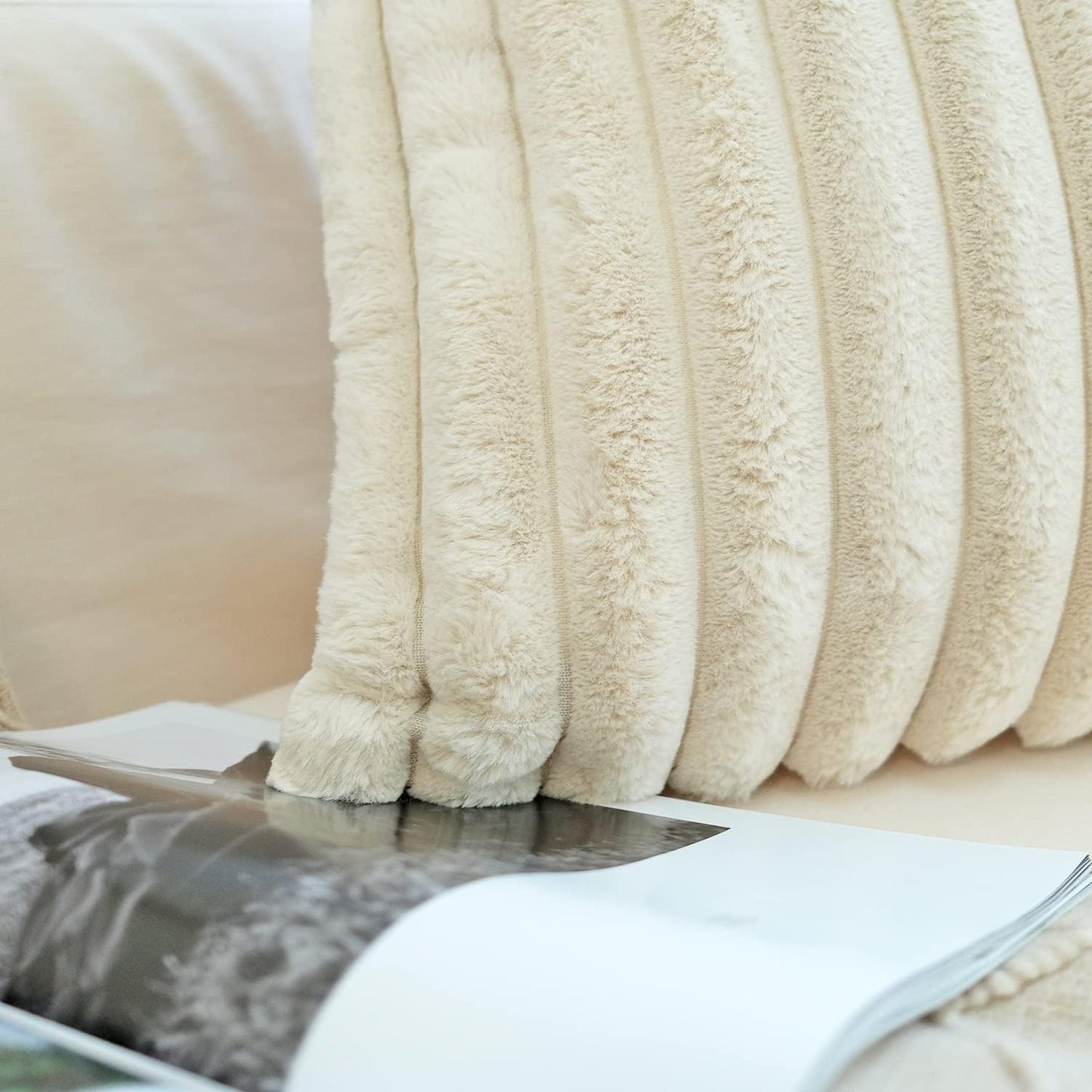 Pack of 2 Faux Fur Plush Decorative Throw Pillow Covers for Home, Couch Cushion Case Soft Solid Pillowcases (Beige, 20 X 20-Inch)